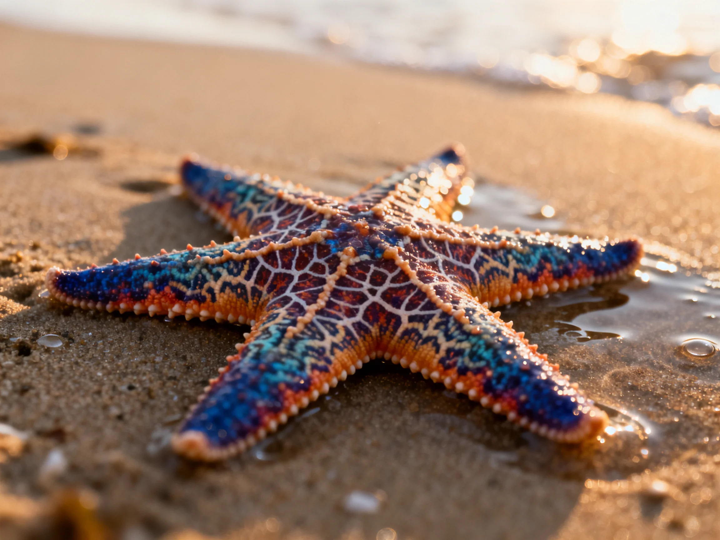 A vibrantly colored starfish rests on wet sandy shore