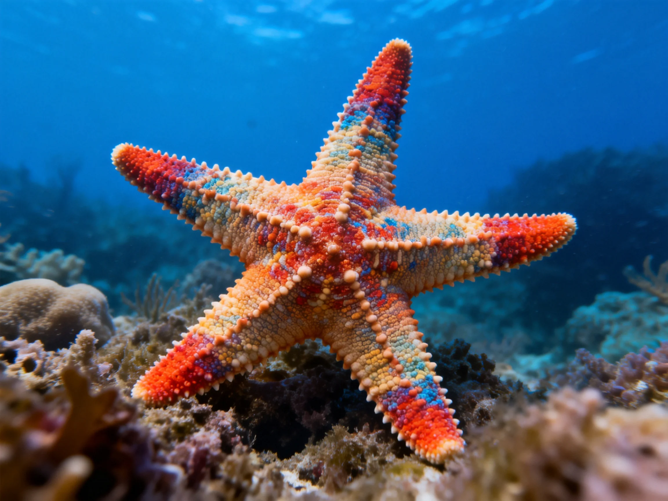 A vibrantly colored starfish with red, blue, and yellow rests on coral reefs