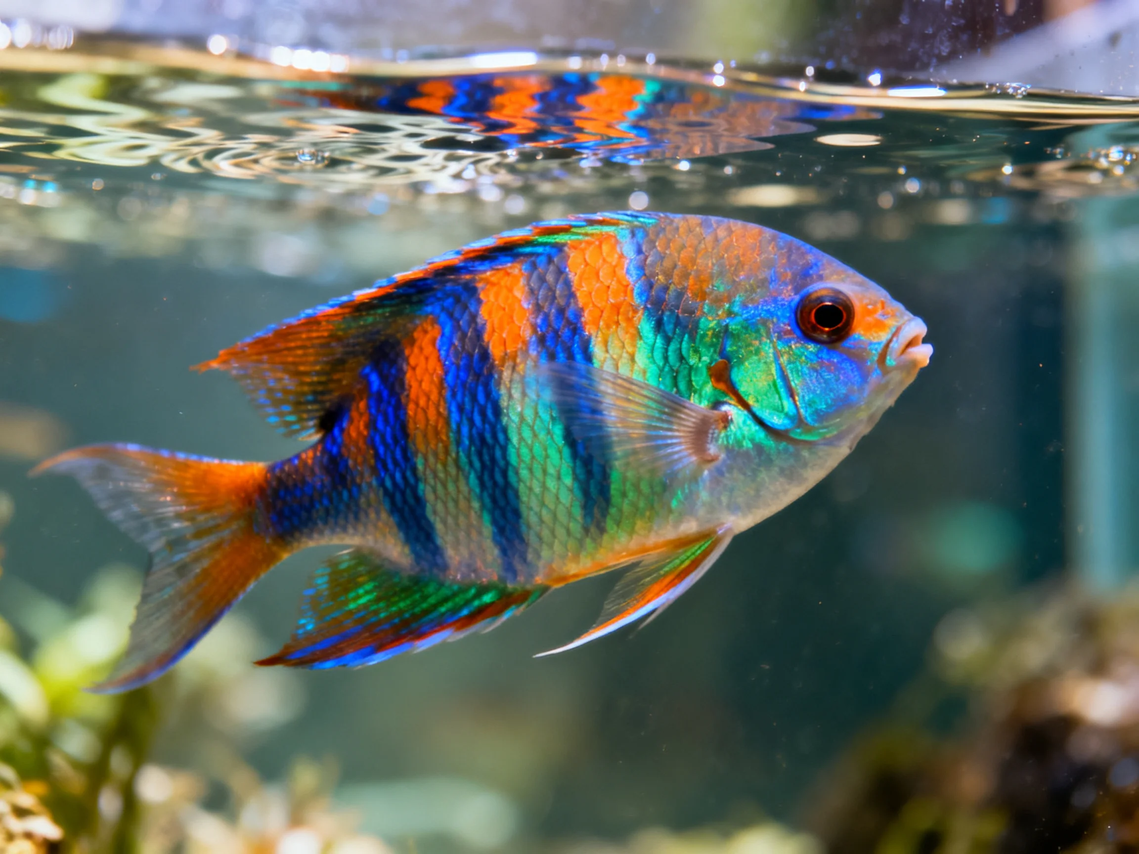 A vibrantly colored striped fish swims in an aquarium