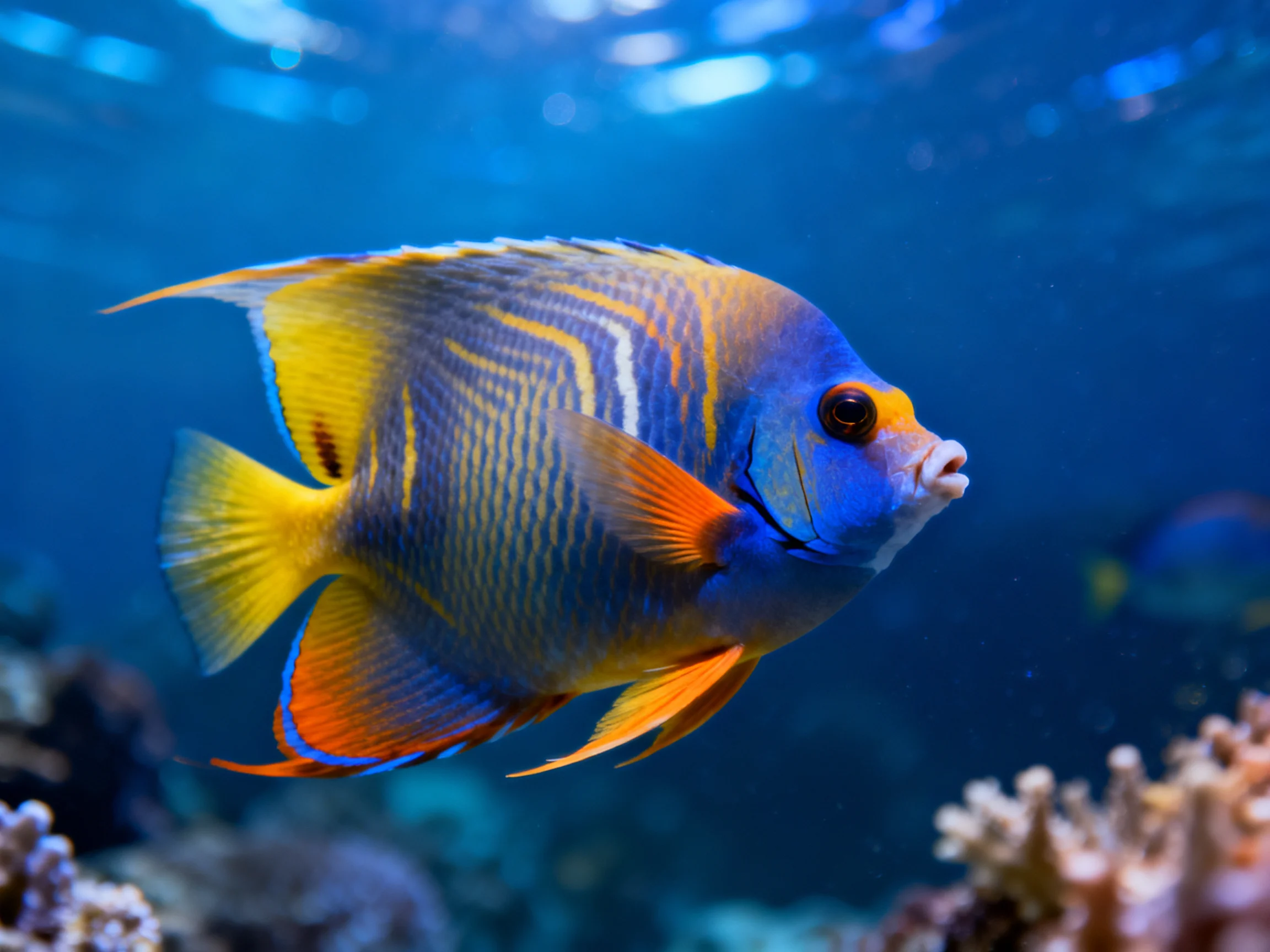 A vibrantly hued angelfish swims near coral reefs in deep blue water