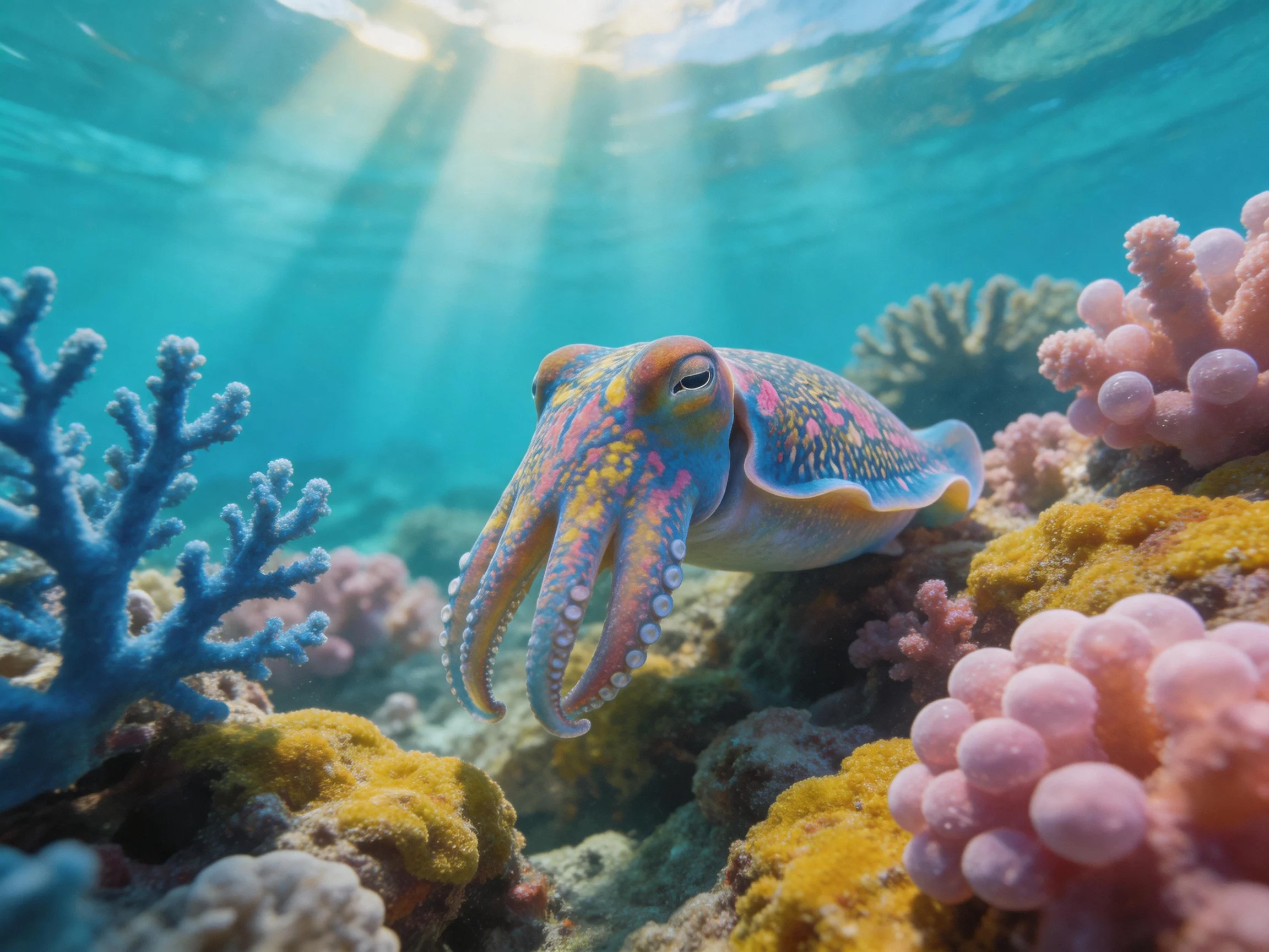 A vibrantly patterned cuttlefish among diverse coral formations underwater