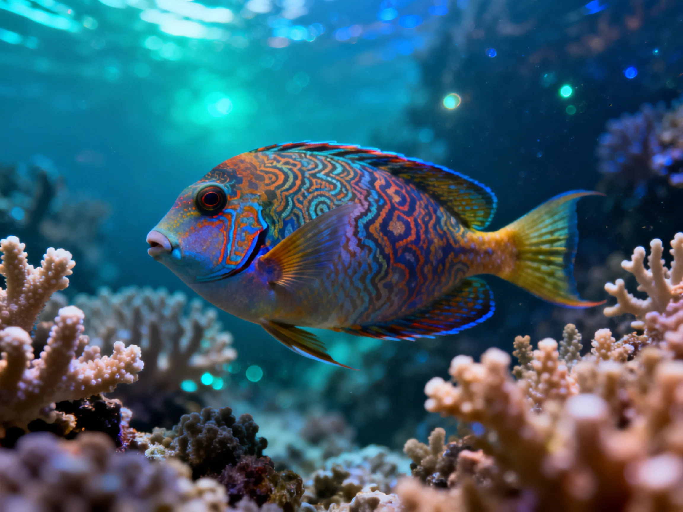 A vibrantly patterned fish swims among diverse corals in an underwater scene
