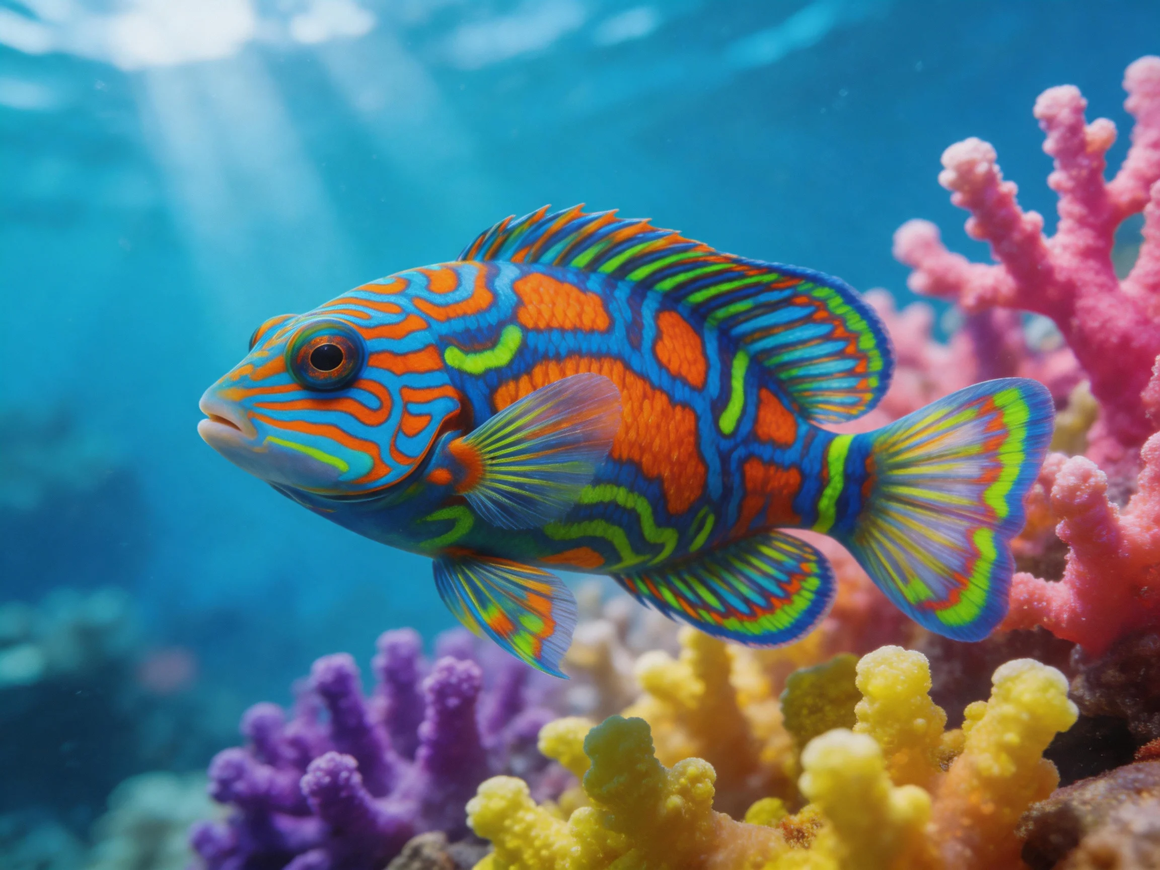 A vibrantly patterned fish swims near multicolored coral formations
