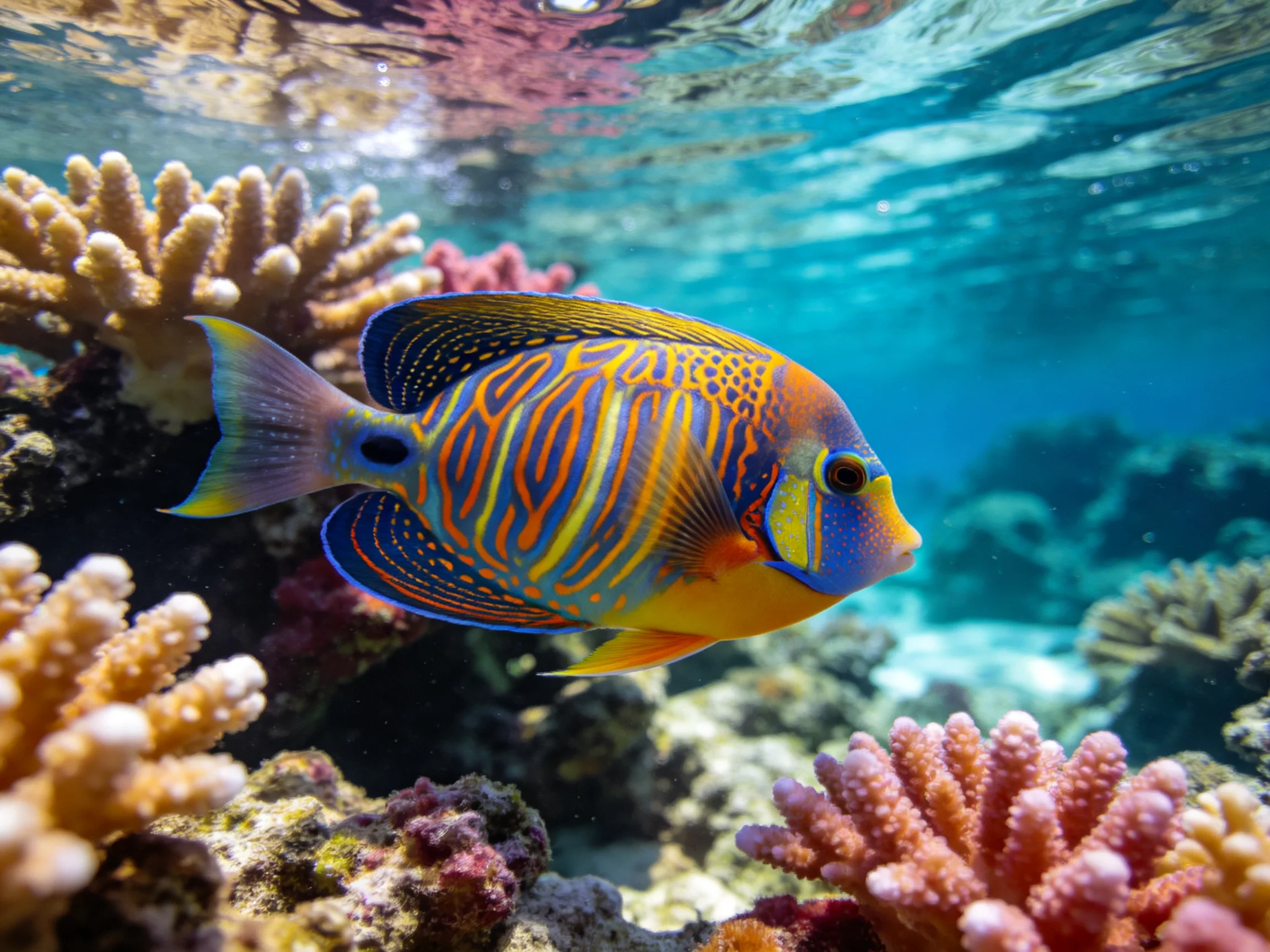 A vibrantly patterned fish swims near multicolored coral formations