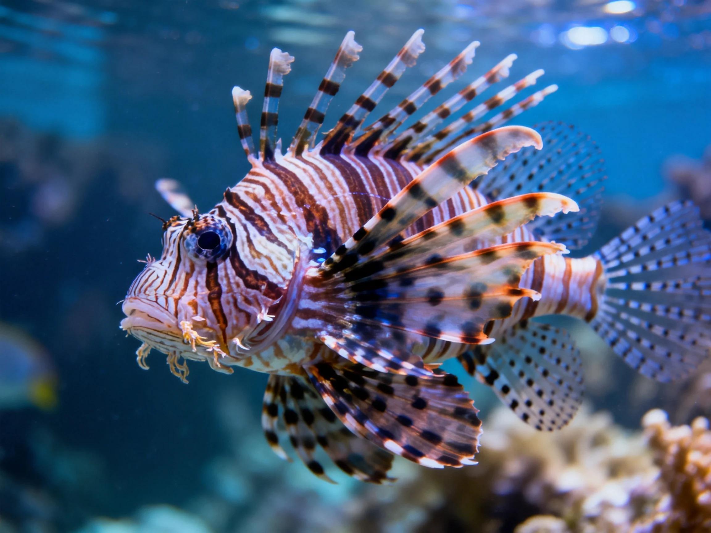 A vibrantly patterned lionfish swims in clear blue water