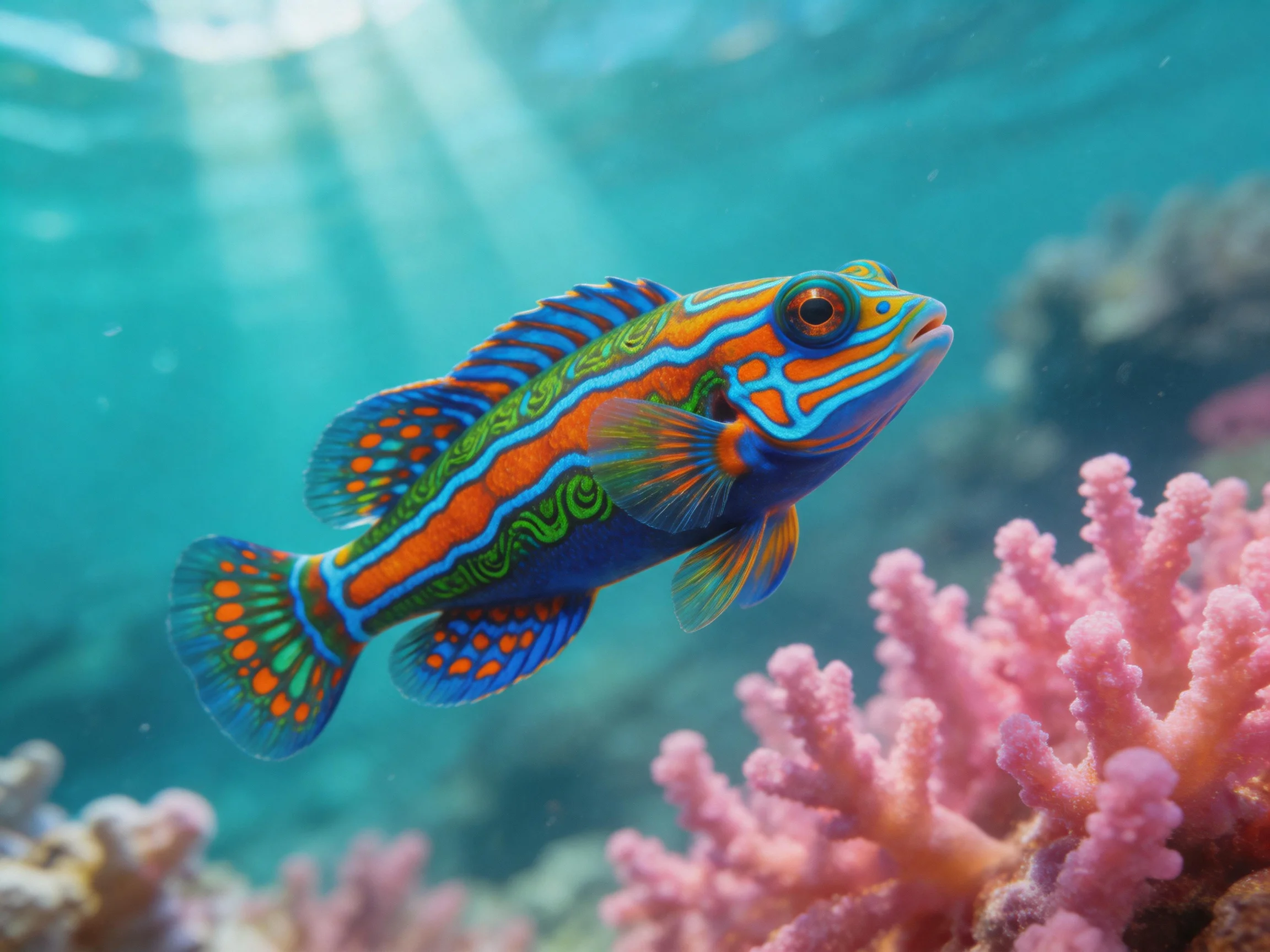 A vibrantly patterned mandarinfish swims near pink coral reefs