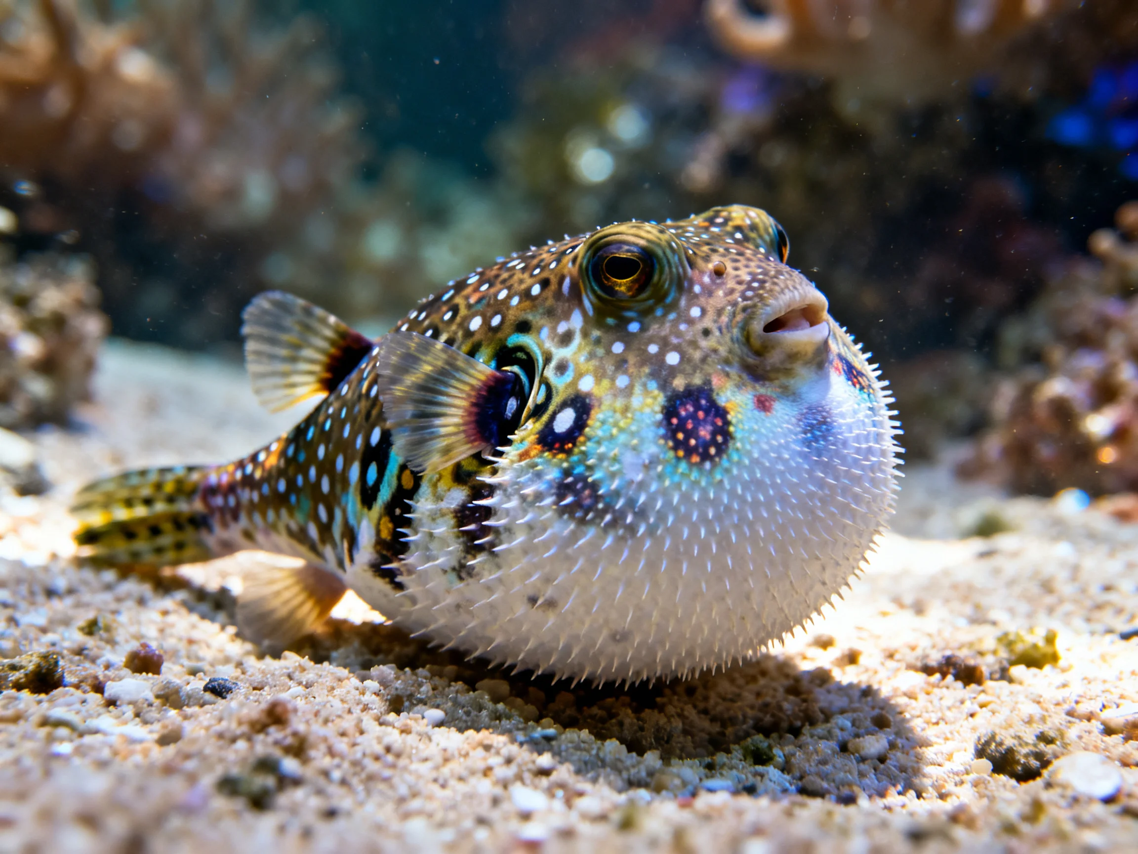 A vibrantly patterned pufferfish on sandy ocean floor