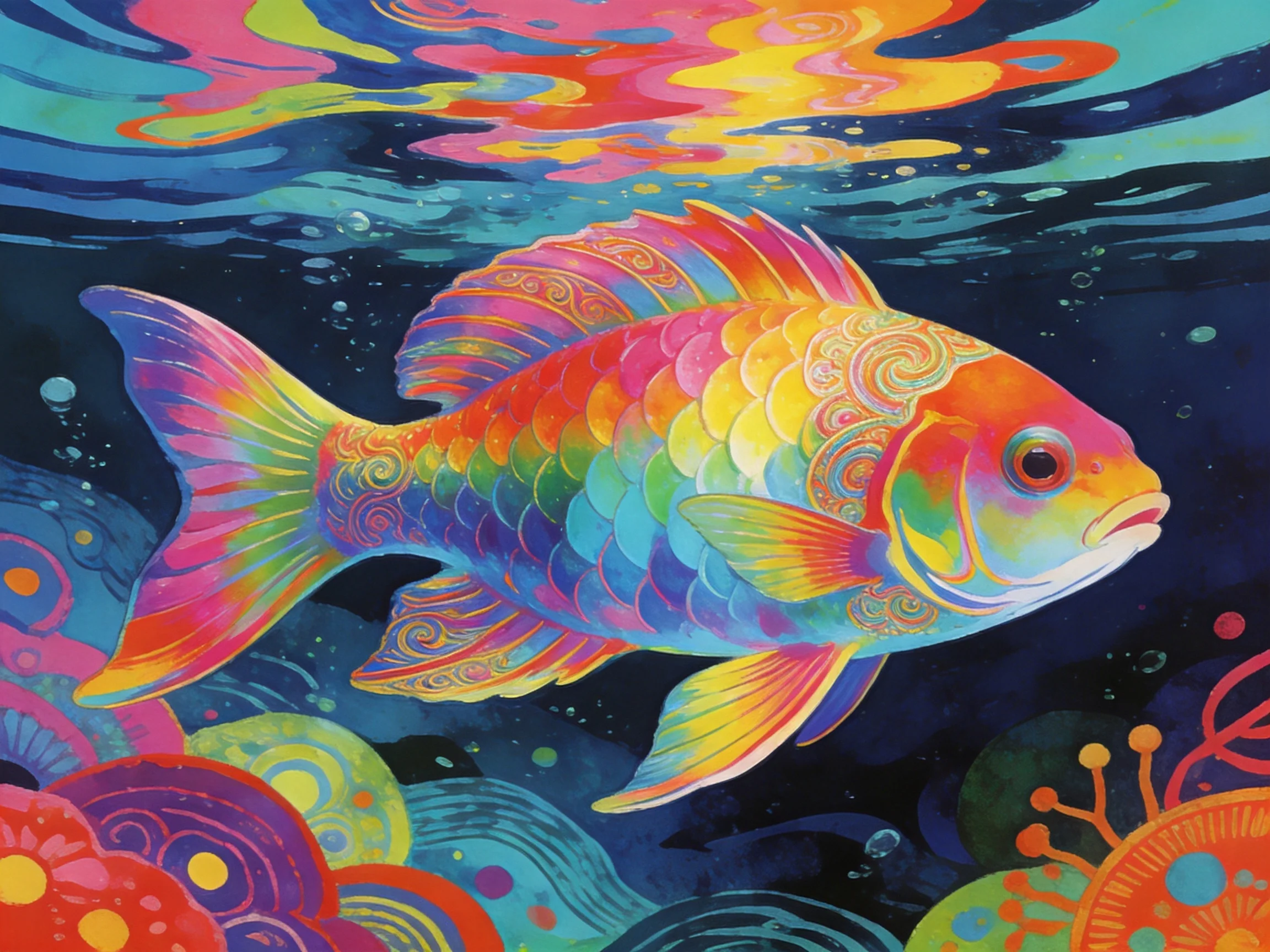 A vibrantly scaled rainbow fish swims in a colorful underwater world