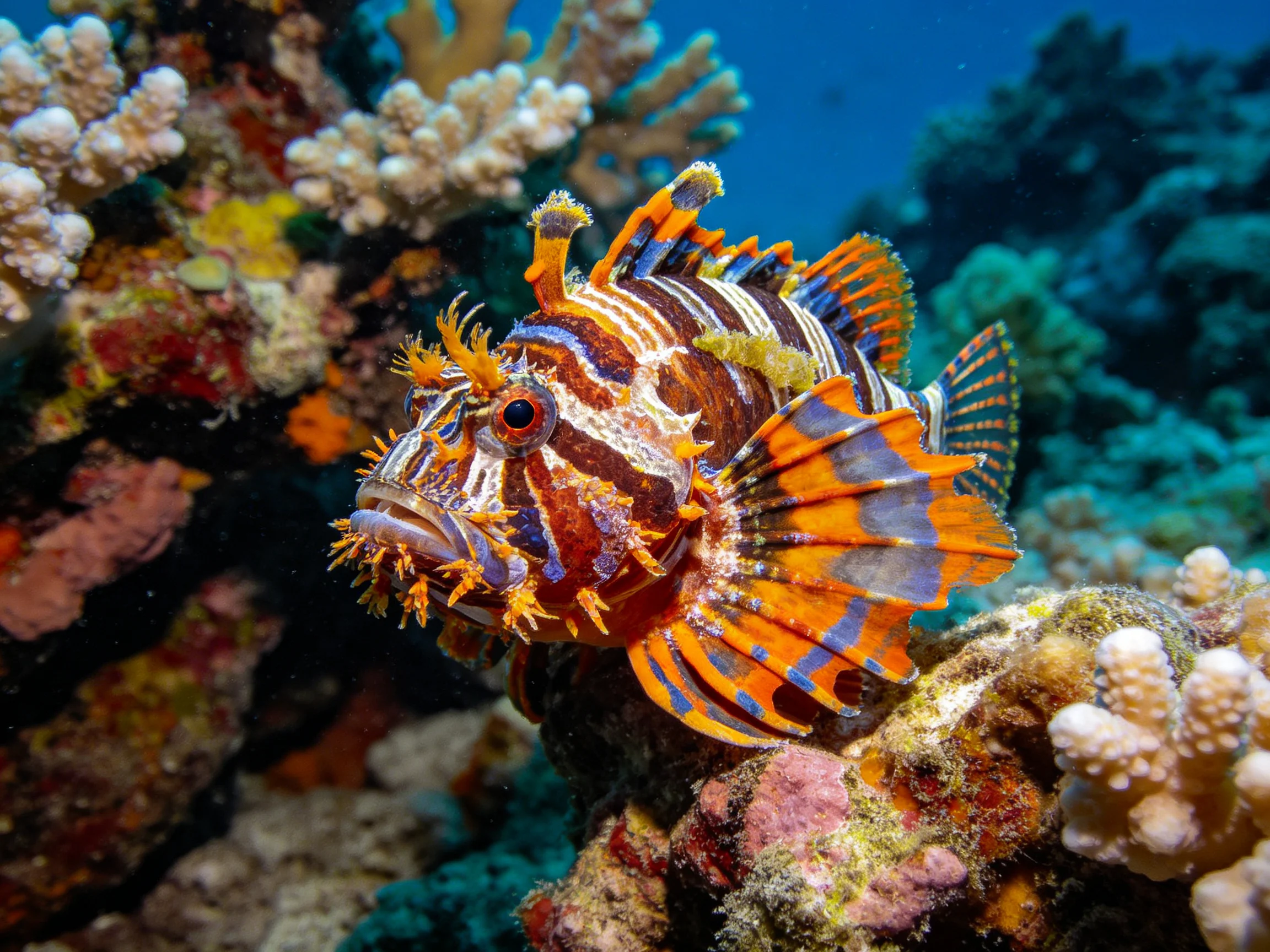 A vibrantly striped lionfish among colorful coral formations