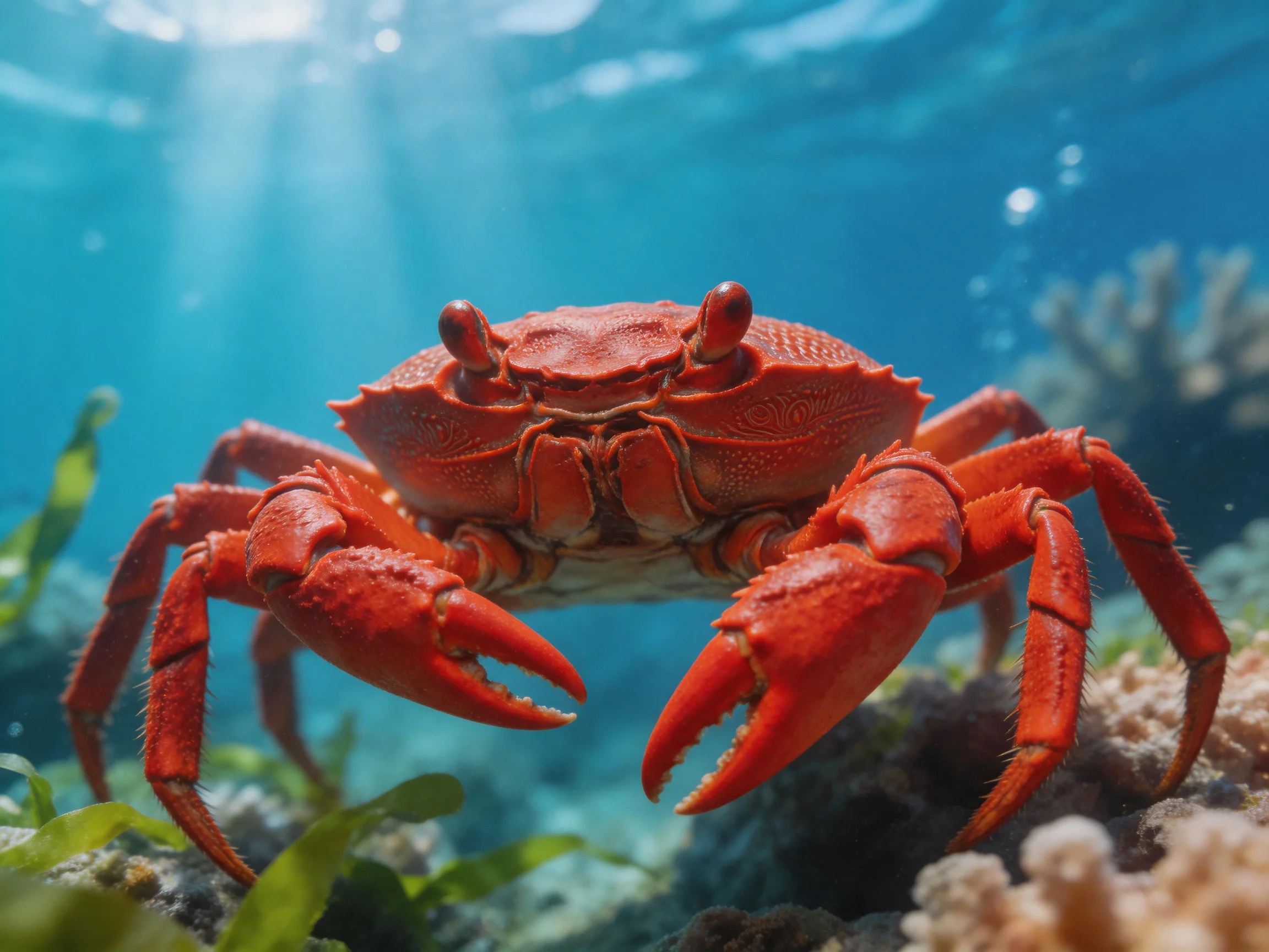 A vivid red crab dominates an underwater coral reef scene