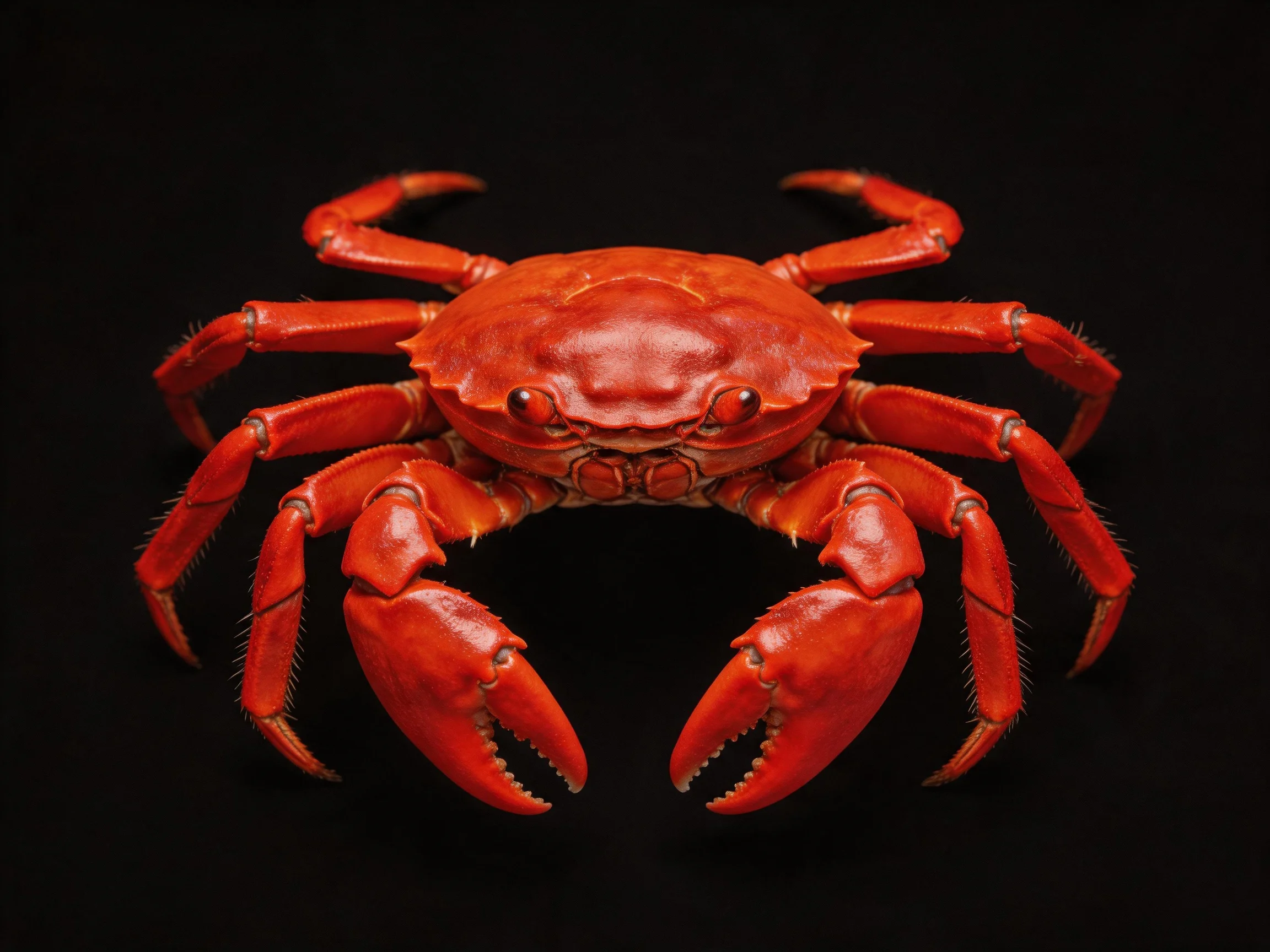 A vivid red crab with prominent claws on a black background