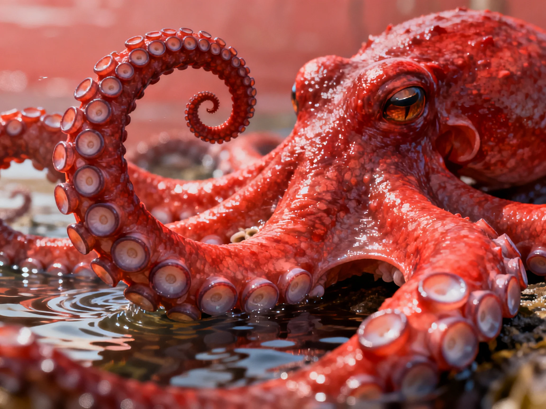 A vivid red octopus with curled tentacles in shallow water