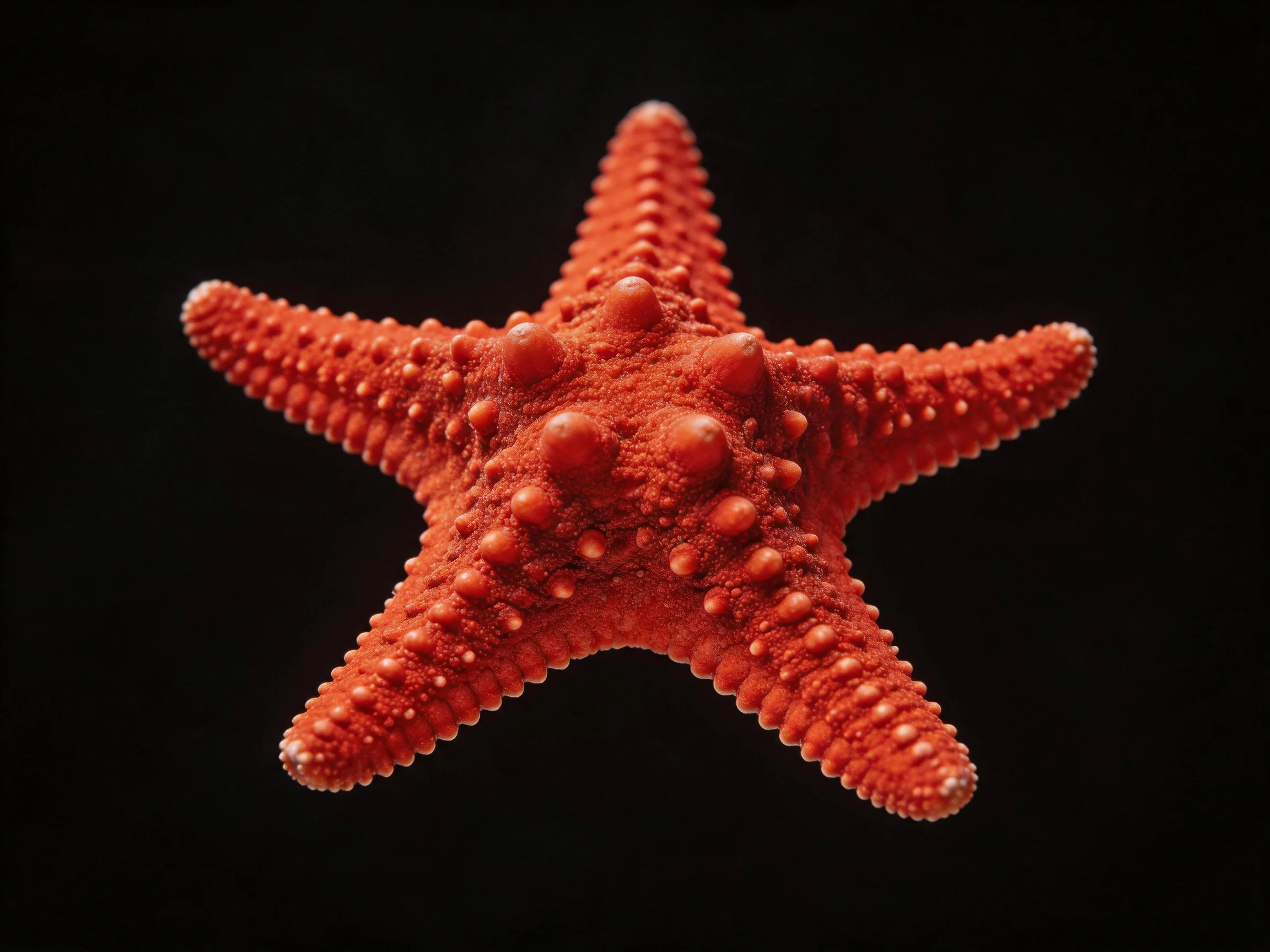 A vivid red-orange starfish with textured bumps and five arms
