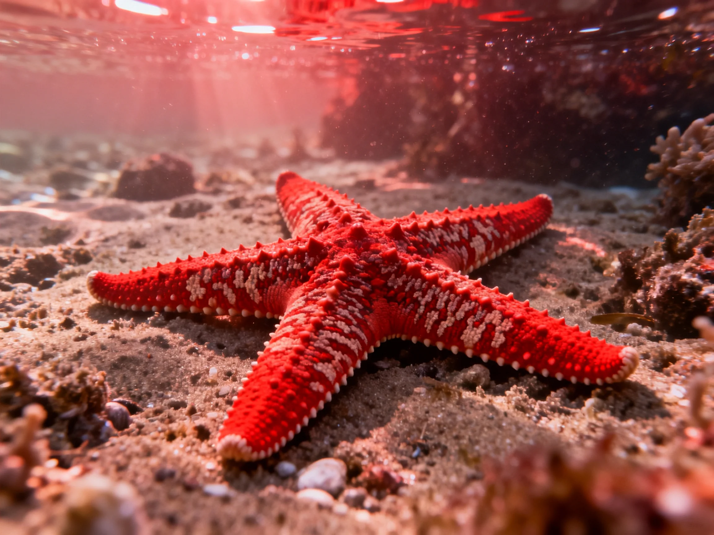 A vivid red starfish rests on a sandy seabed near coral formations