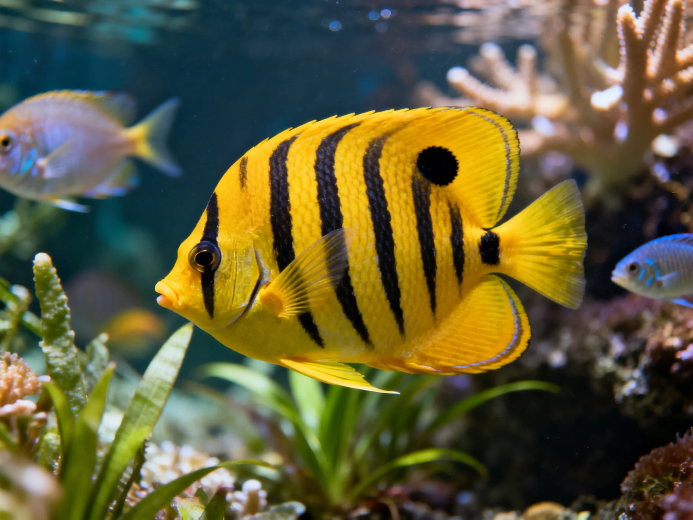 A vivid yellow striped fish swims amid coral and smaller fish