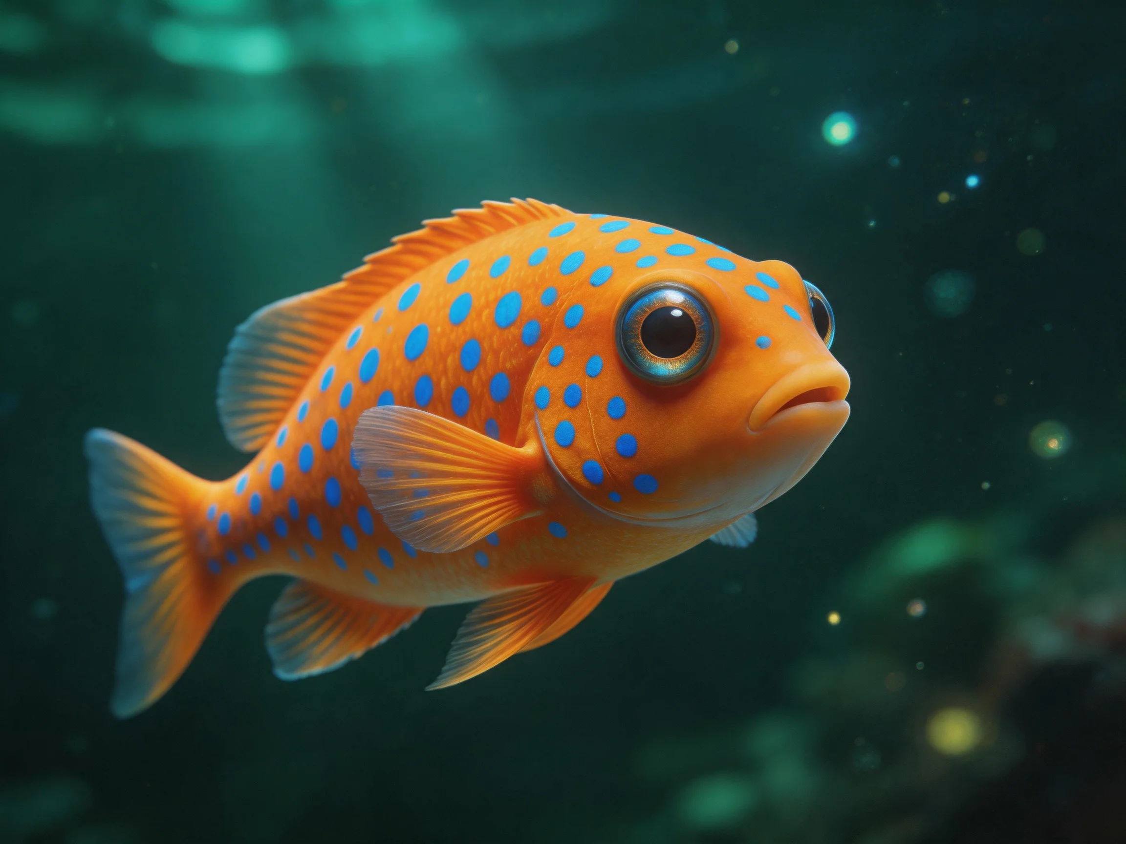 A vividly colored orange fish with blue spots swimming underwater