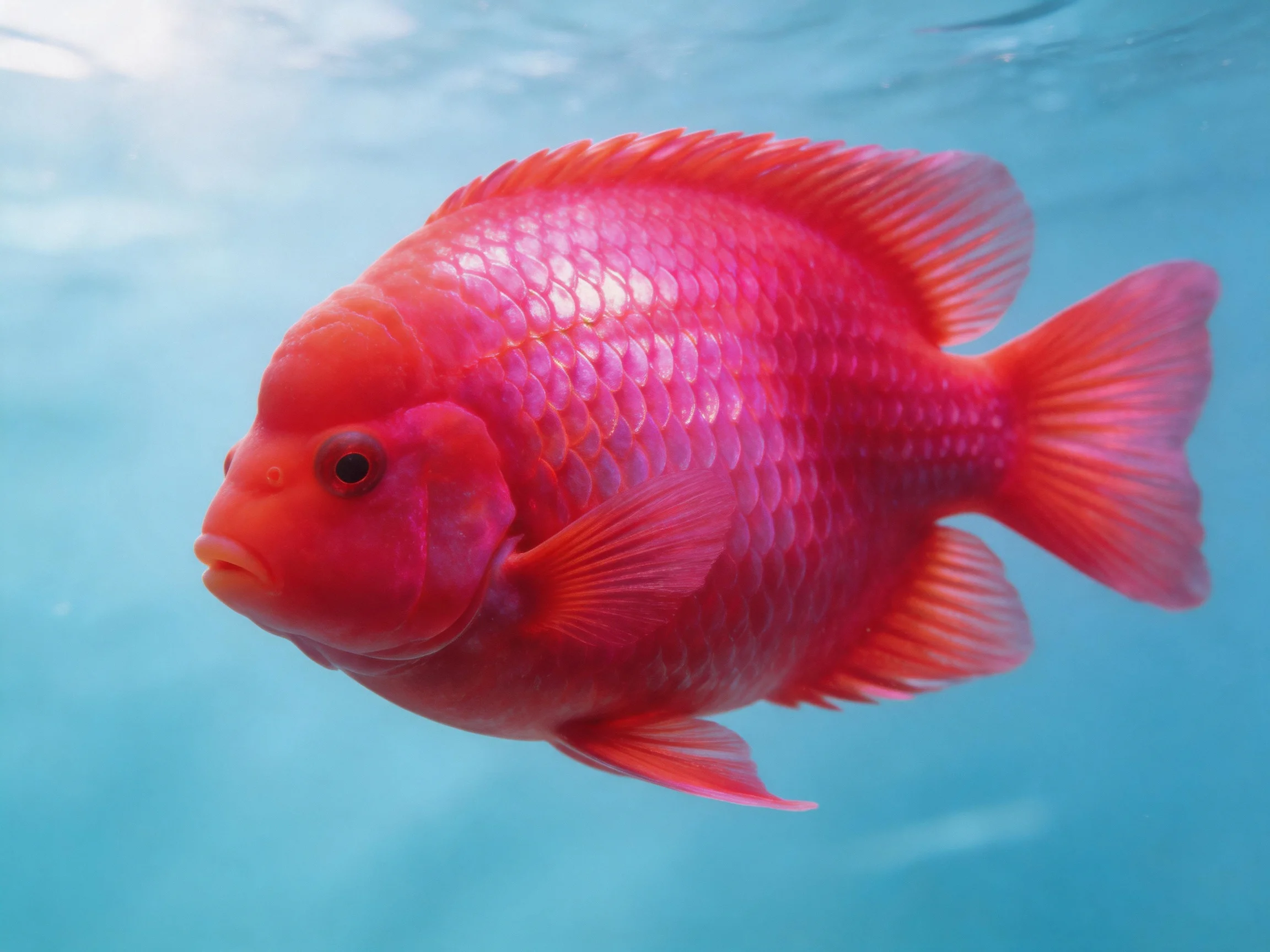 A vividly colored pink fish swims in clear blue water