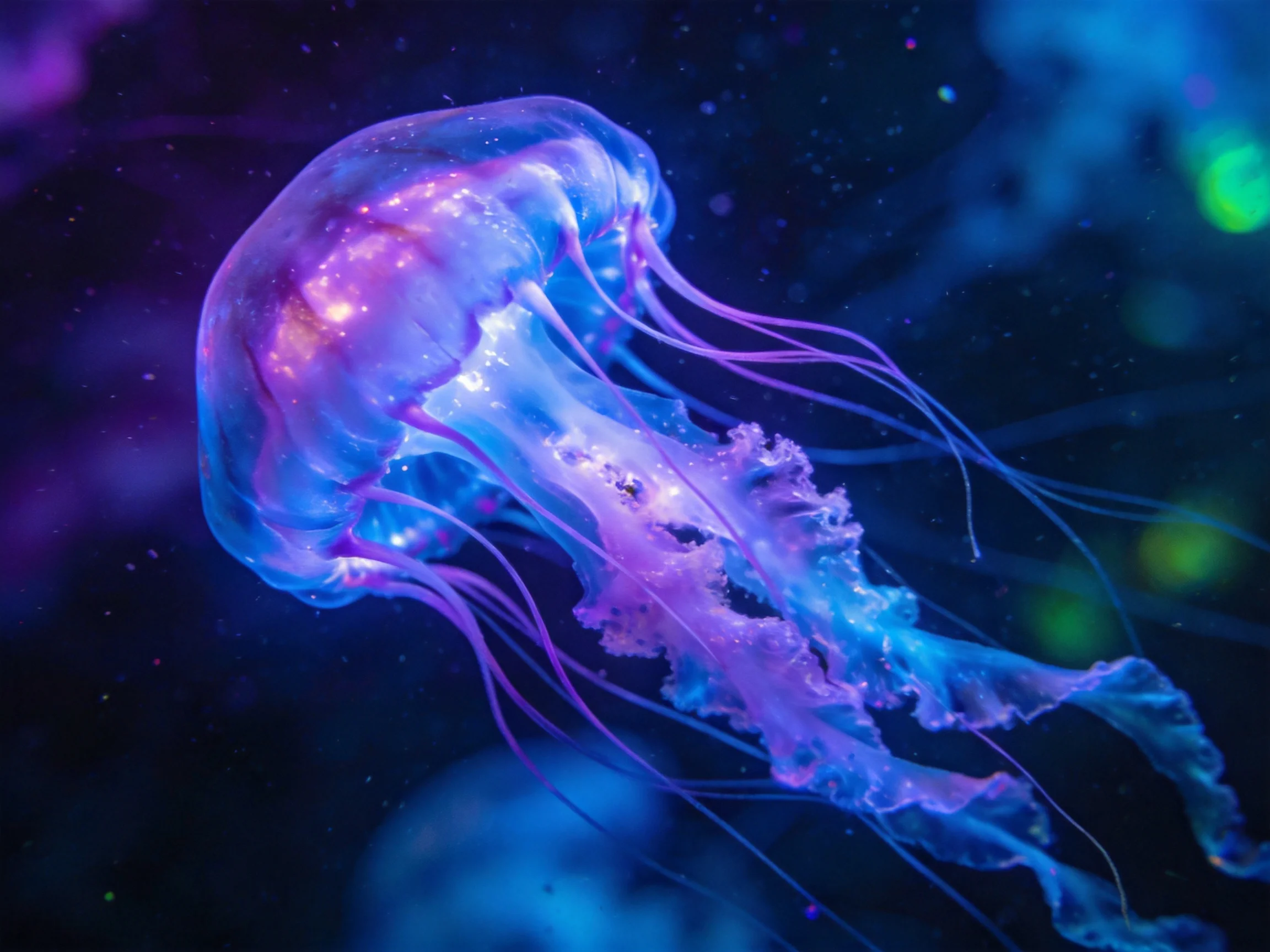 A vividly hued jellyfish with purple and blue tones