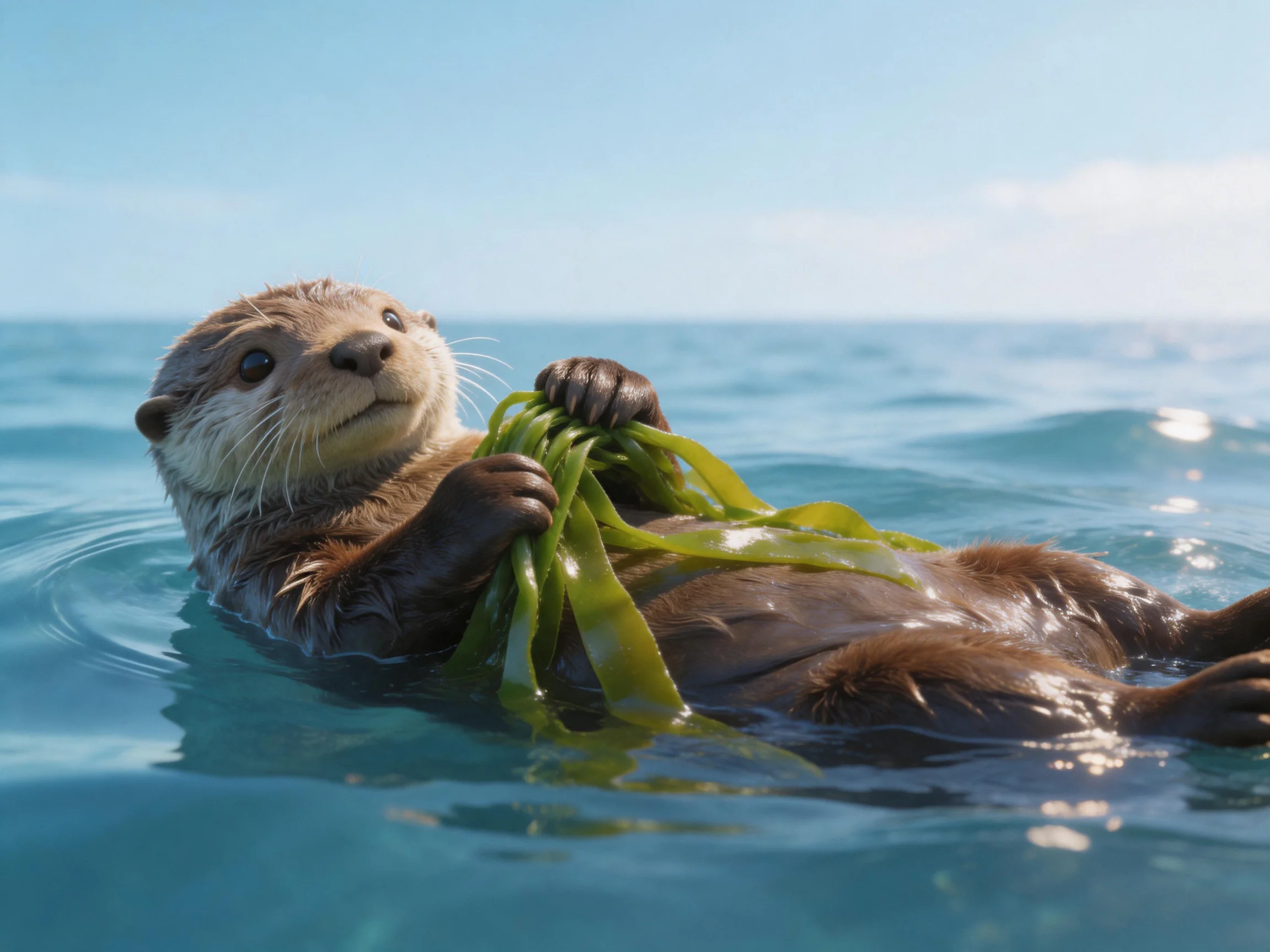 A wet brown otter floats in blue water with green seaweed
