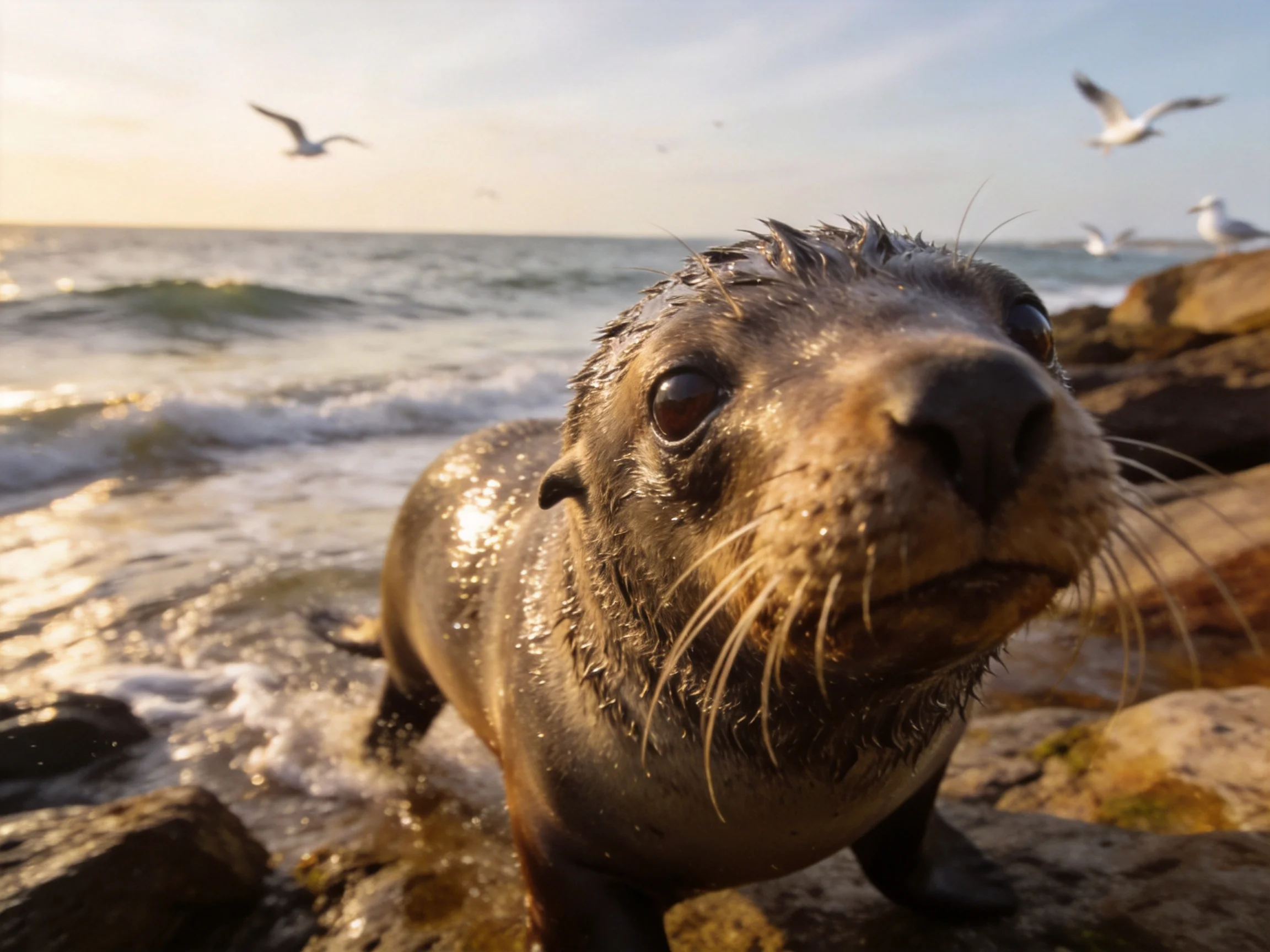 A wet sea lion on rocky shore with flying seagulls