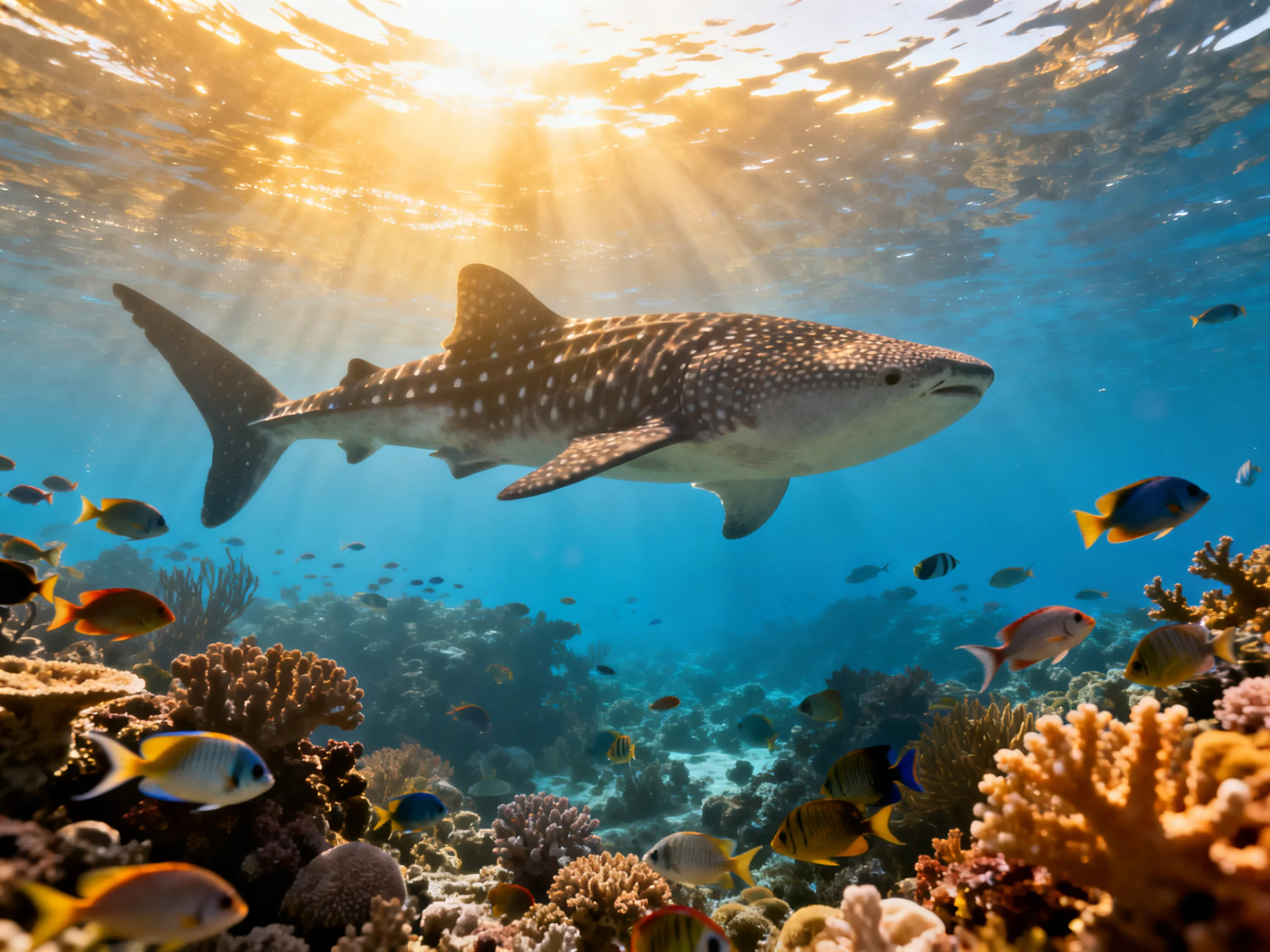 A whale shark swims among vibrant corals and colorful fish under golden sunlight