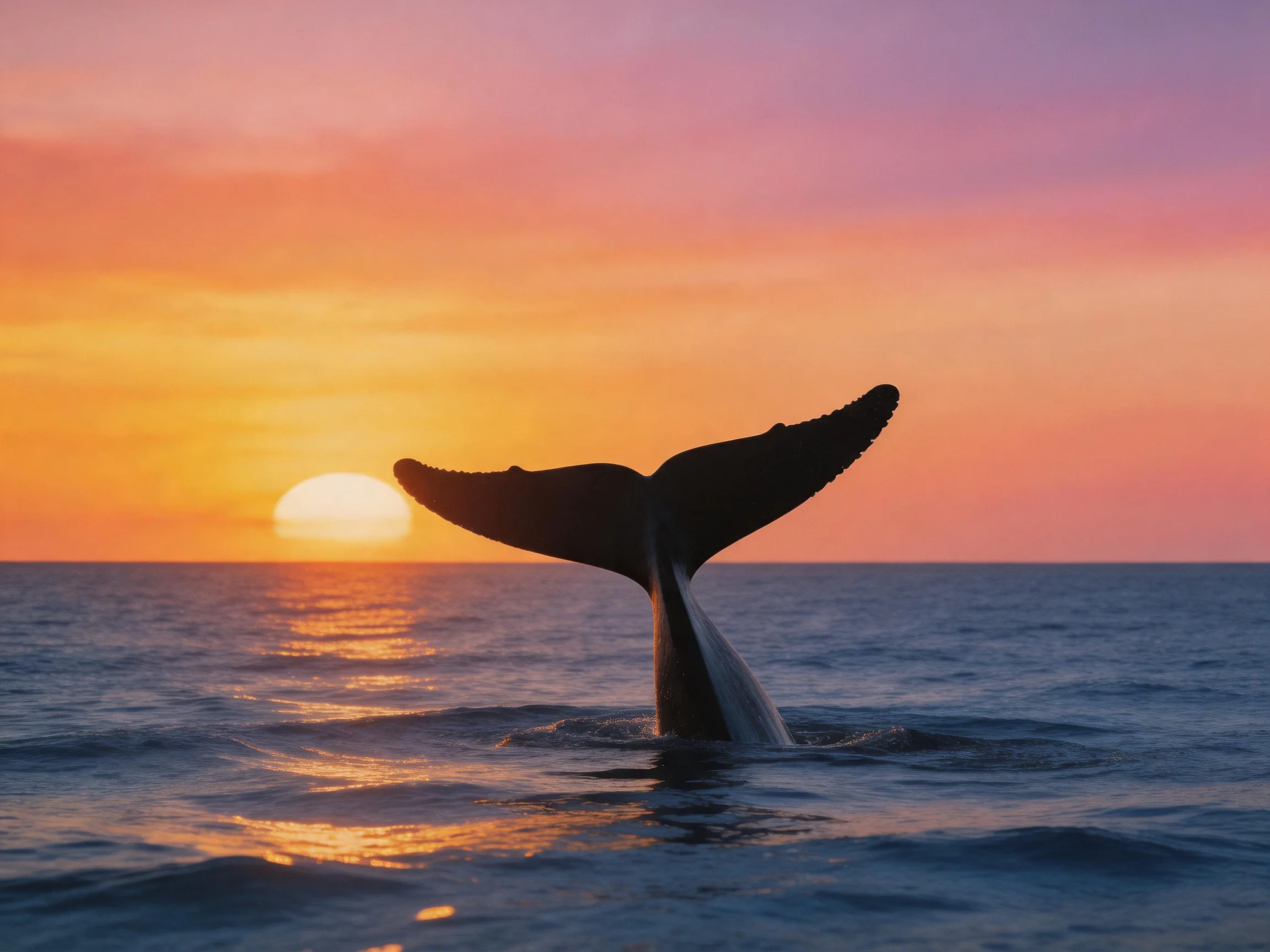 A whale’s tail emerges from calm ocean waters during a vivid sunset
