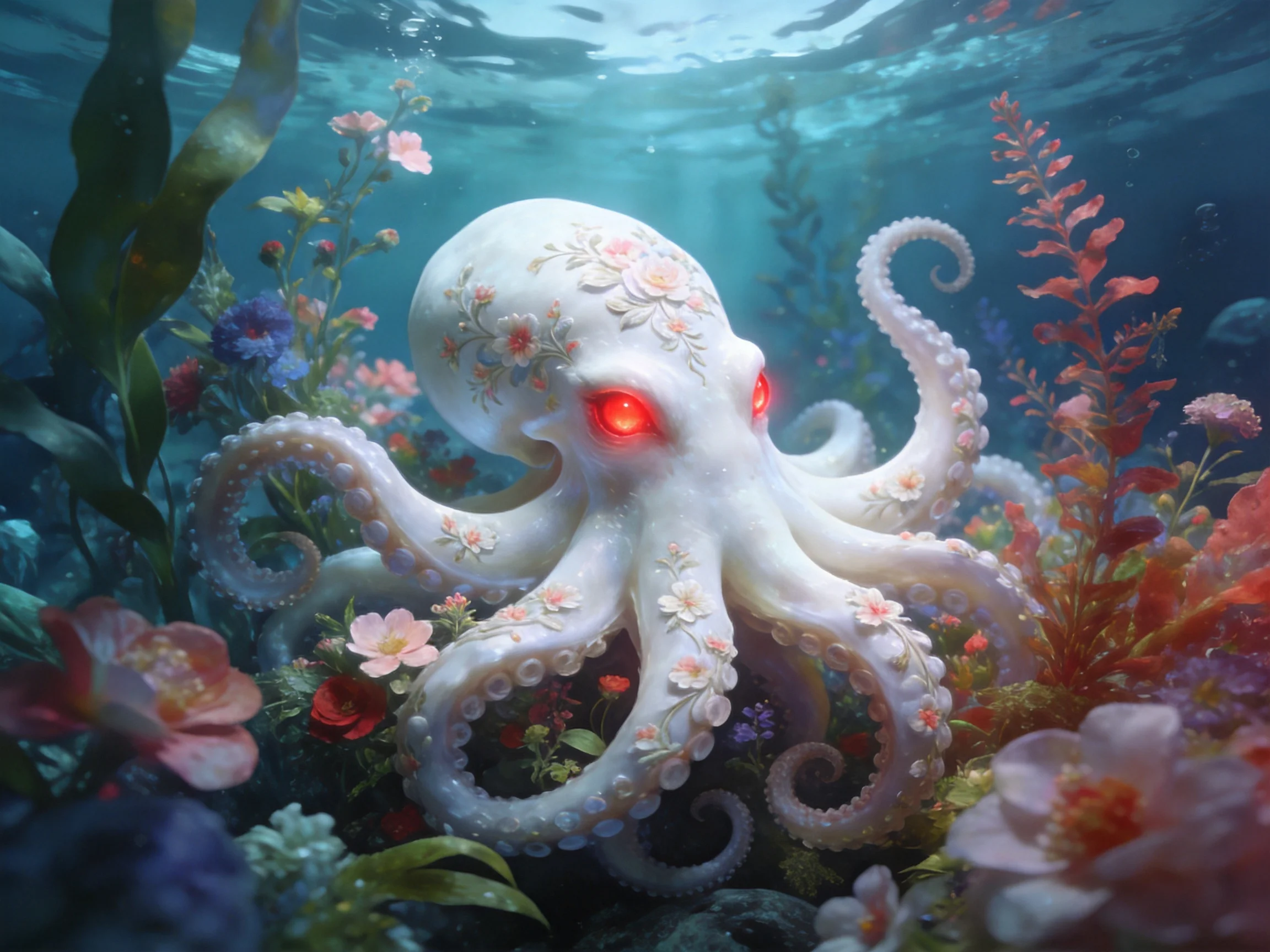 A white octopus with floral decorations among colorful underwater flora