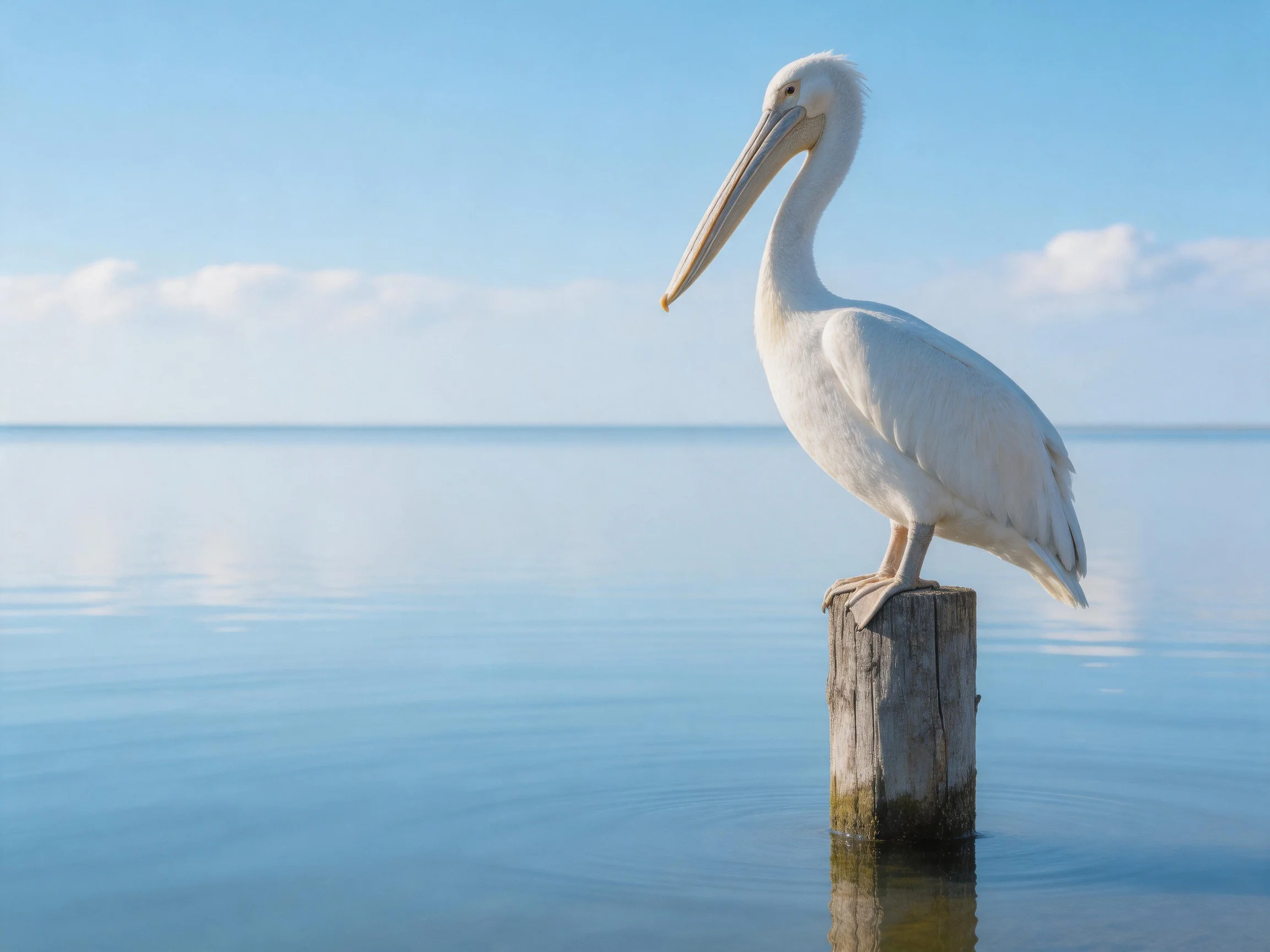 A white pelican perches on a weathered wooden post by calm waters