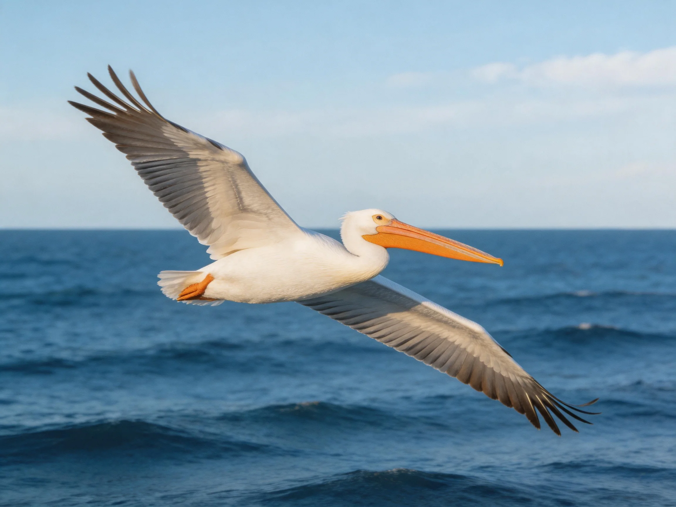 A white pelican soars gracefully above deep blue ocean waters