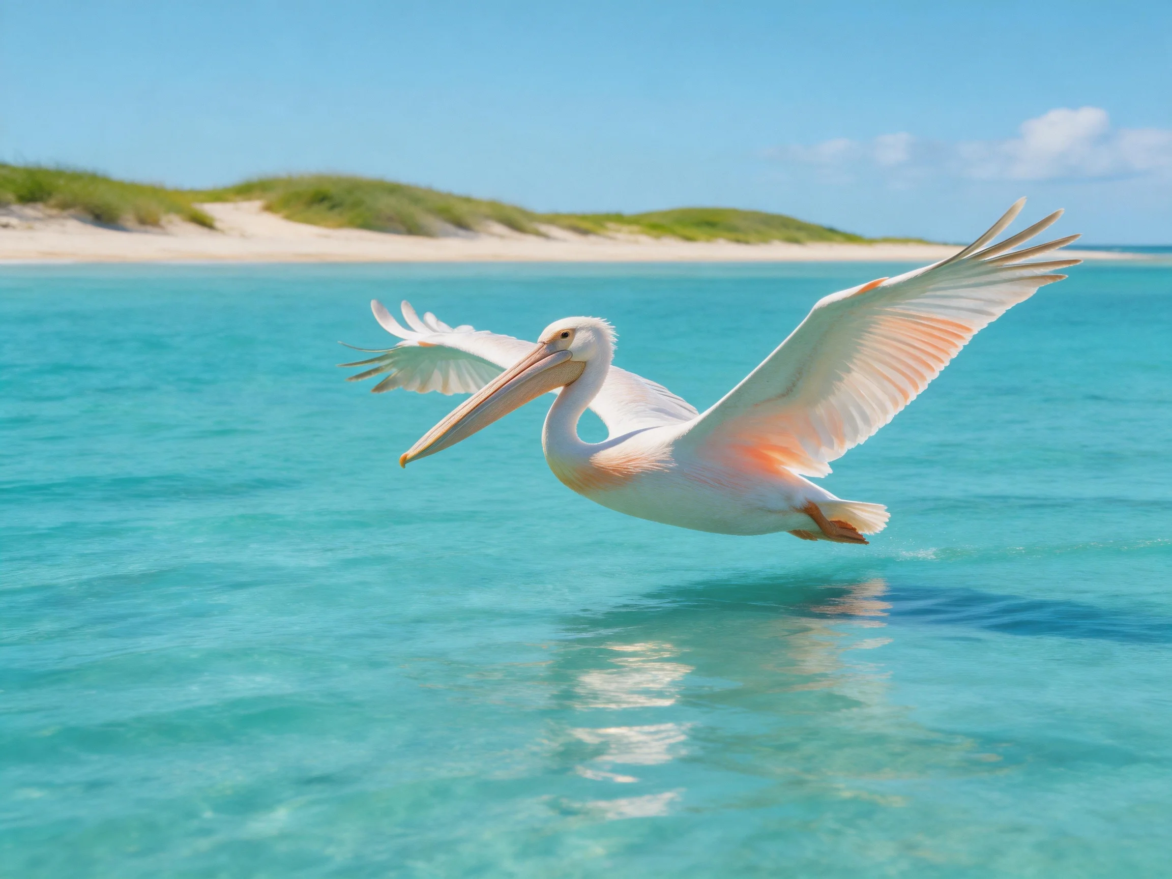 A white pelican soars over clear turquoise ocean waters near a sandy shore