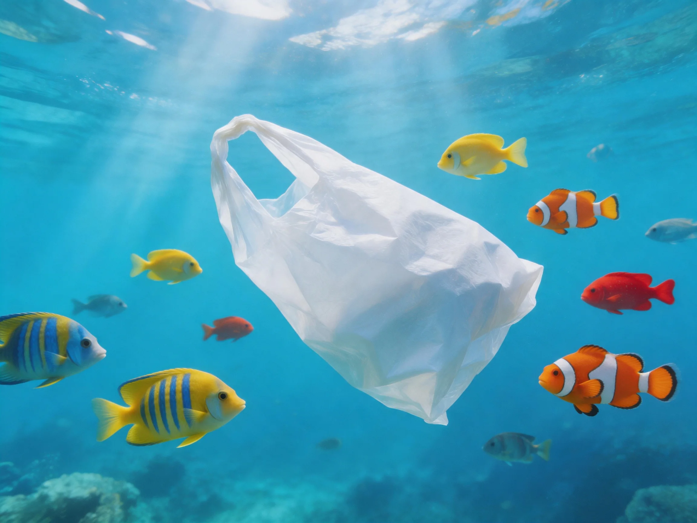 A white plastic bag floats among colorful tropical fish in clear blue water
