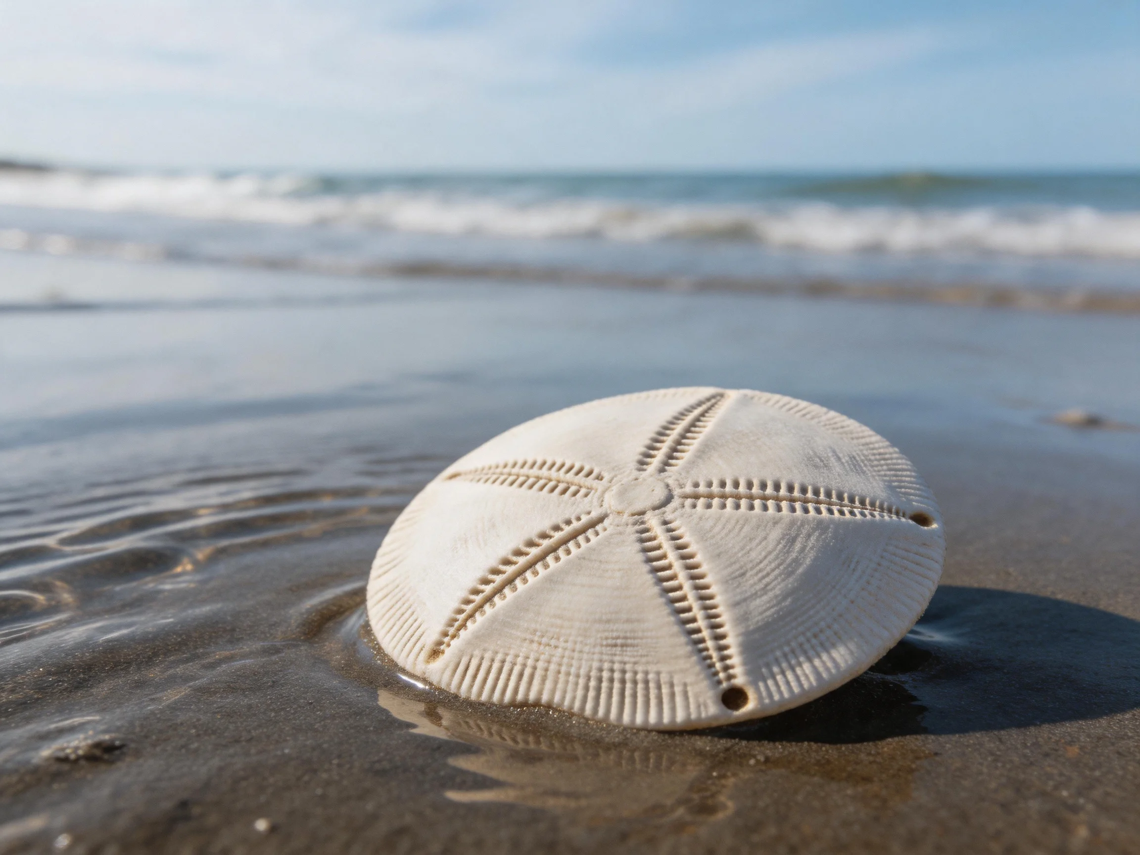 A white sand dollar rests on wet sandy shore by the ocean