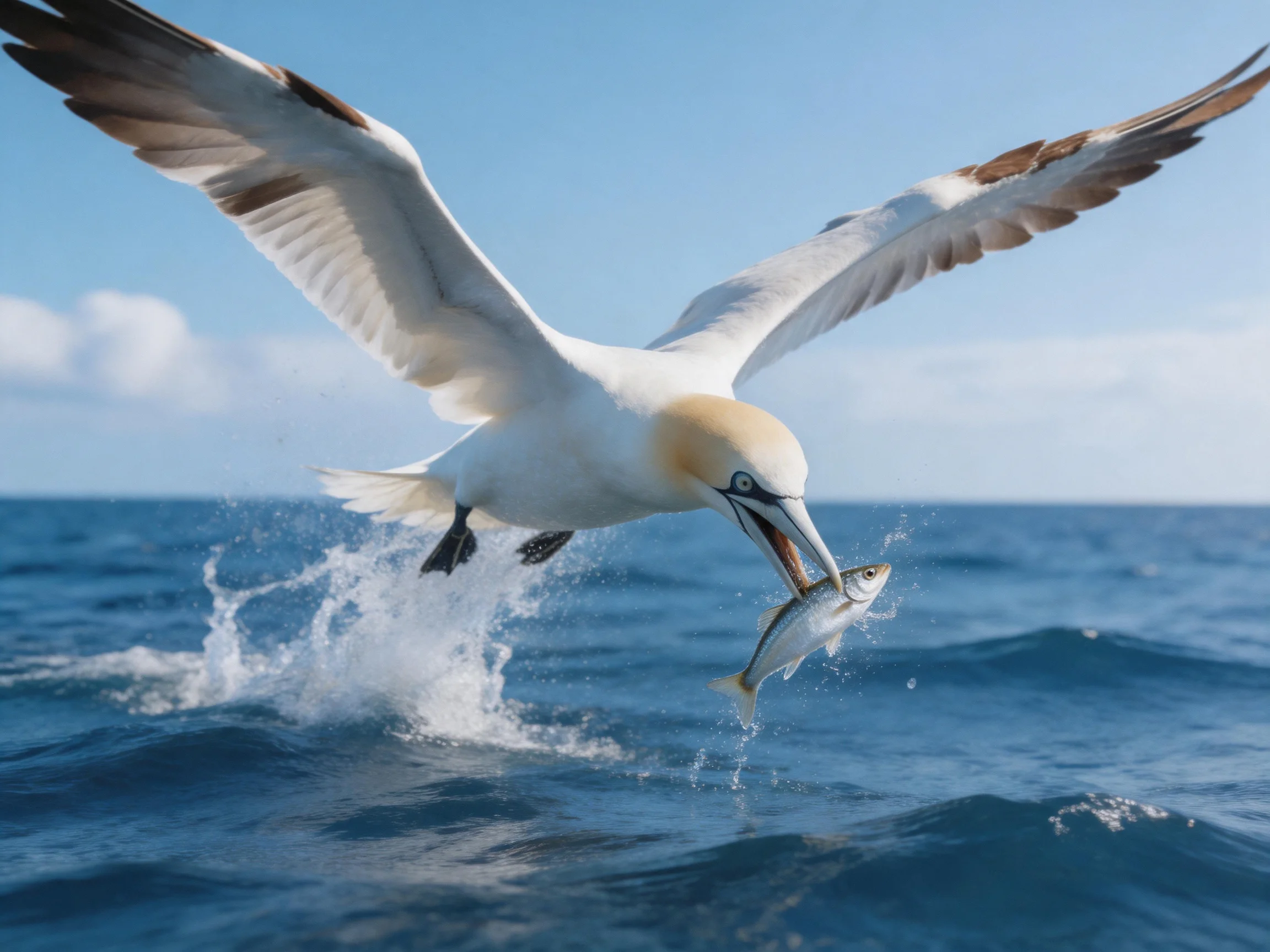 A white seabird catches a silver fish mid-air over blue ocean