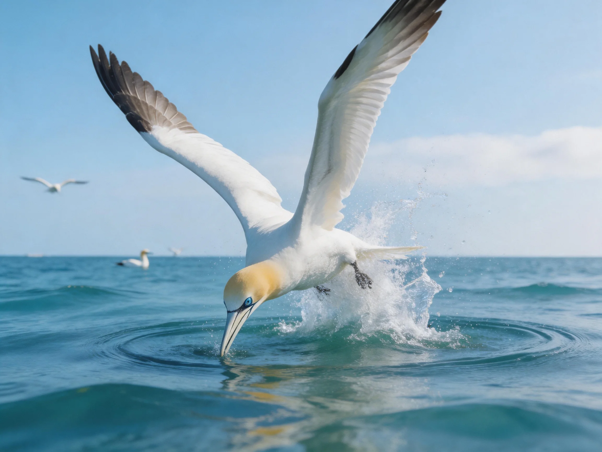 A white seabird dives into turquoise ocean waters