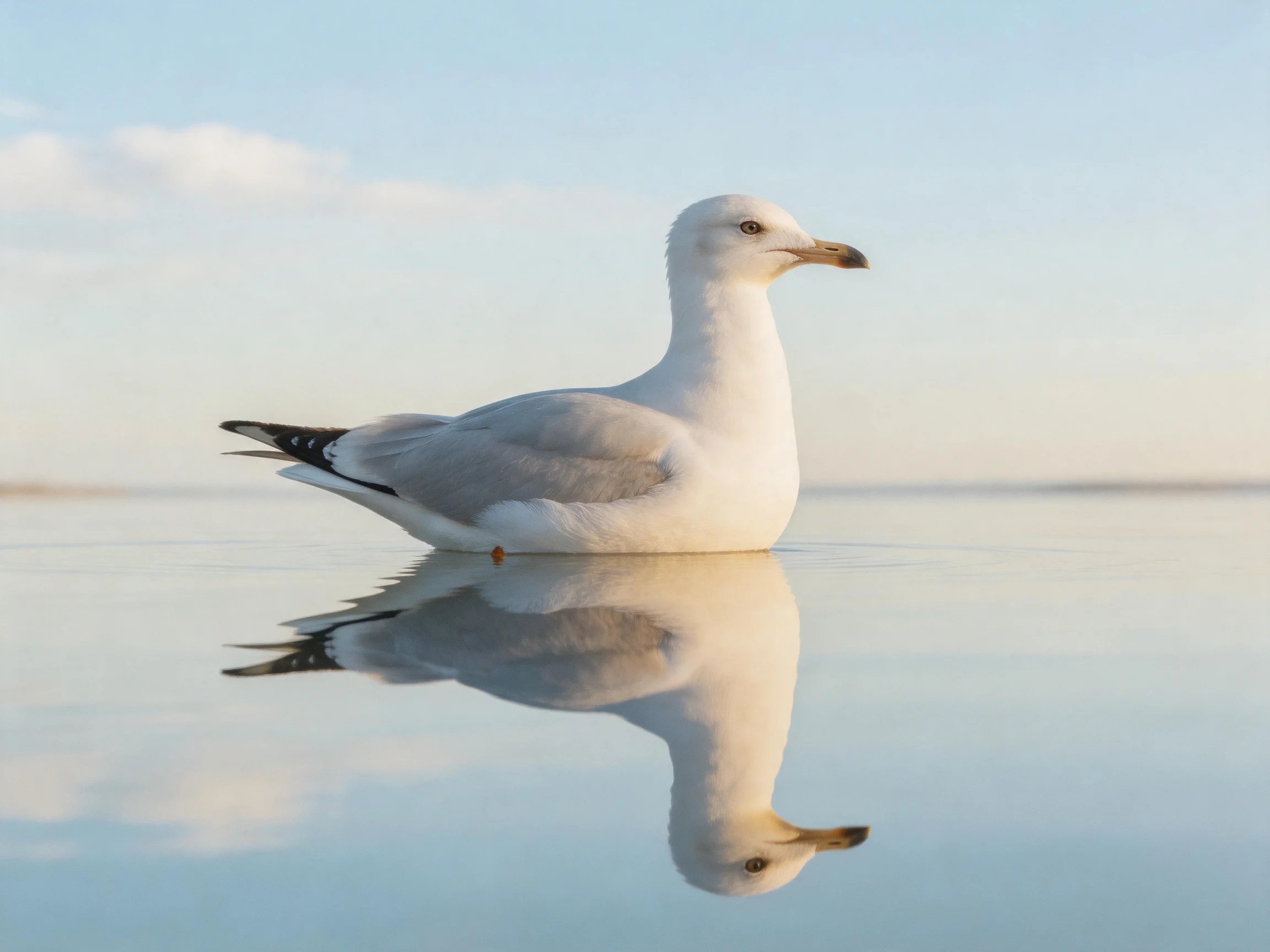 A white seagull floats on calm blue water with perfect reflection