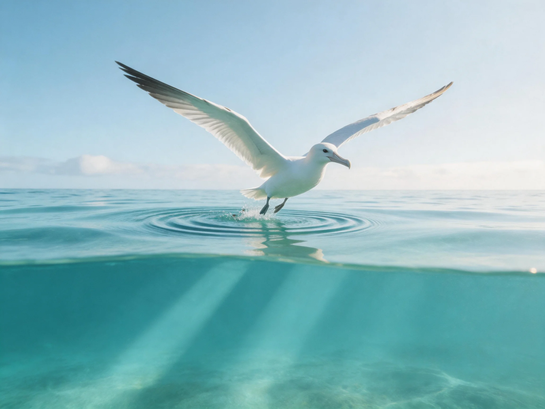 A white seagull landing on turquoise ocean waters under clear sky