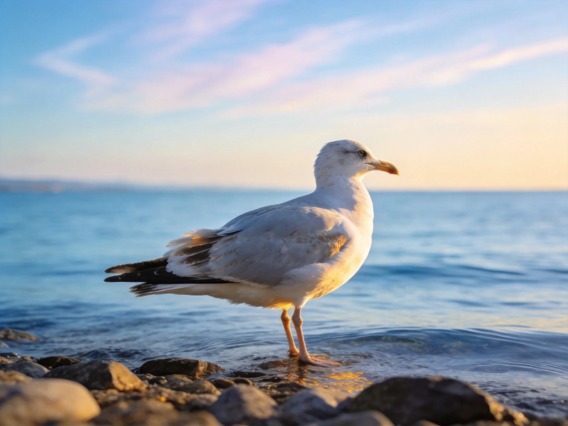 A white seagull stands on rocky shore near calm blue sea