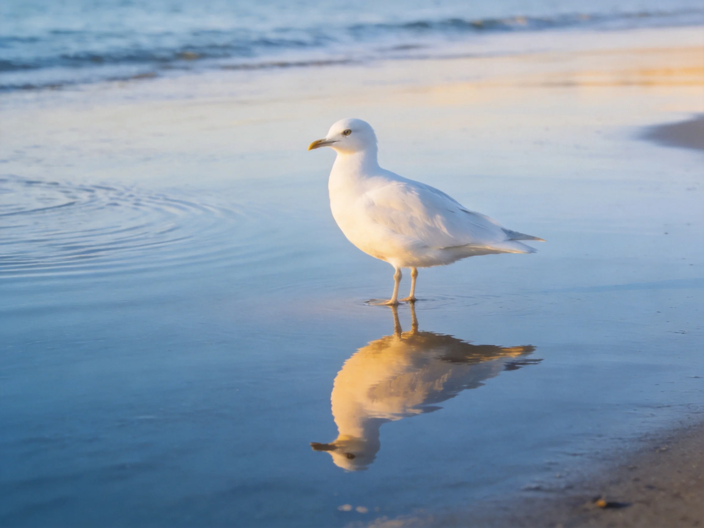 A white seagull stands on wet sand with a clear reflection