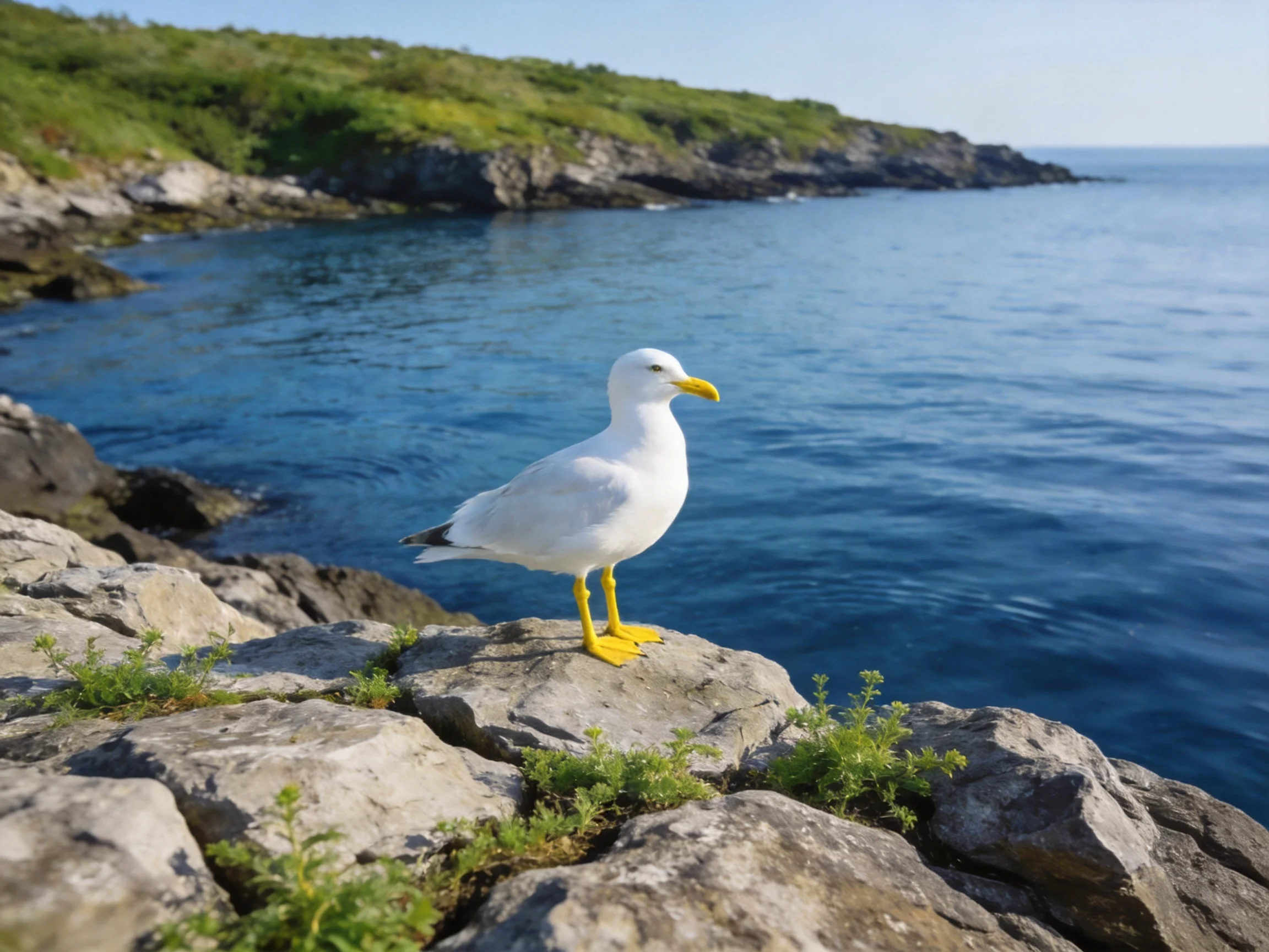A white seagull standsches on rocky cliffs by calm waters