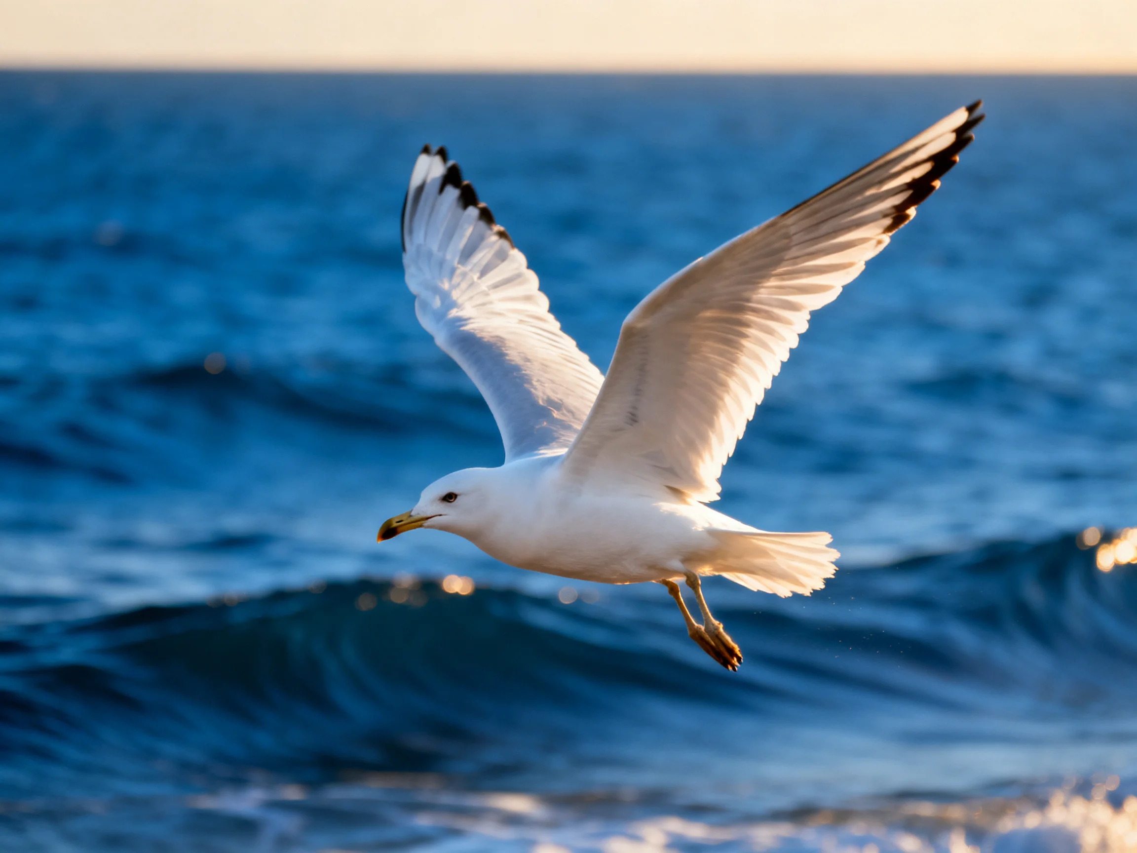 A white seagull with black-tipped wings flies over deep blue ocean waves