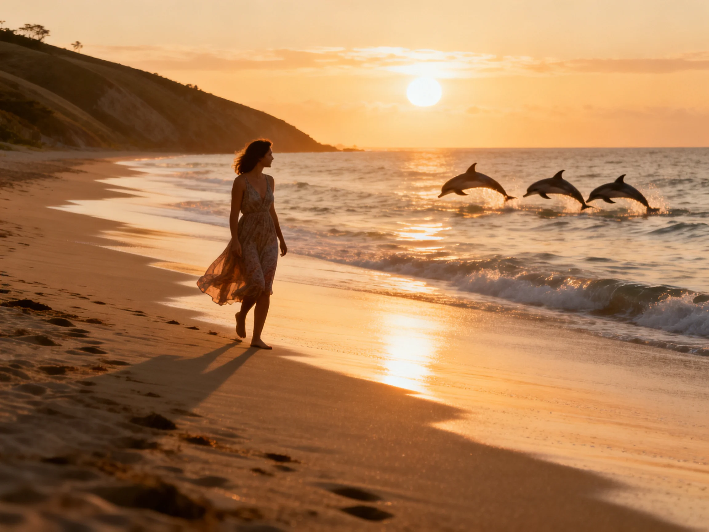 A woman walks along a sandy beach with three dolphins leaping near the ocean
