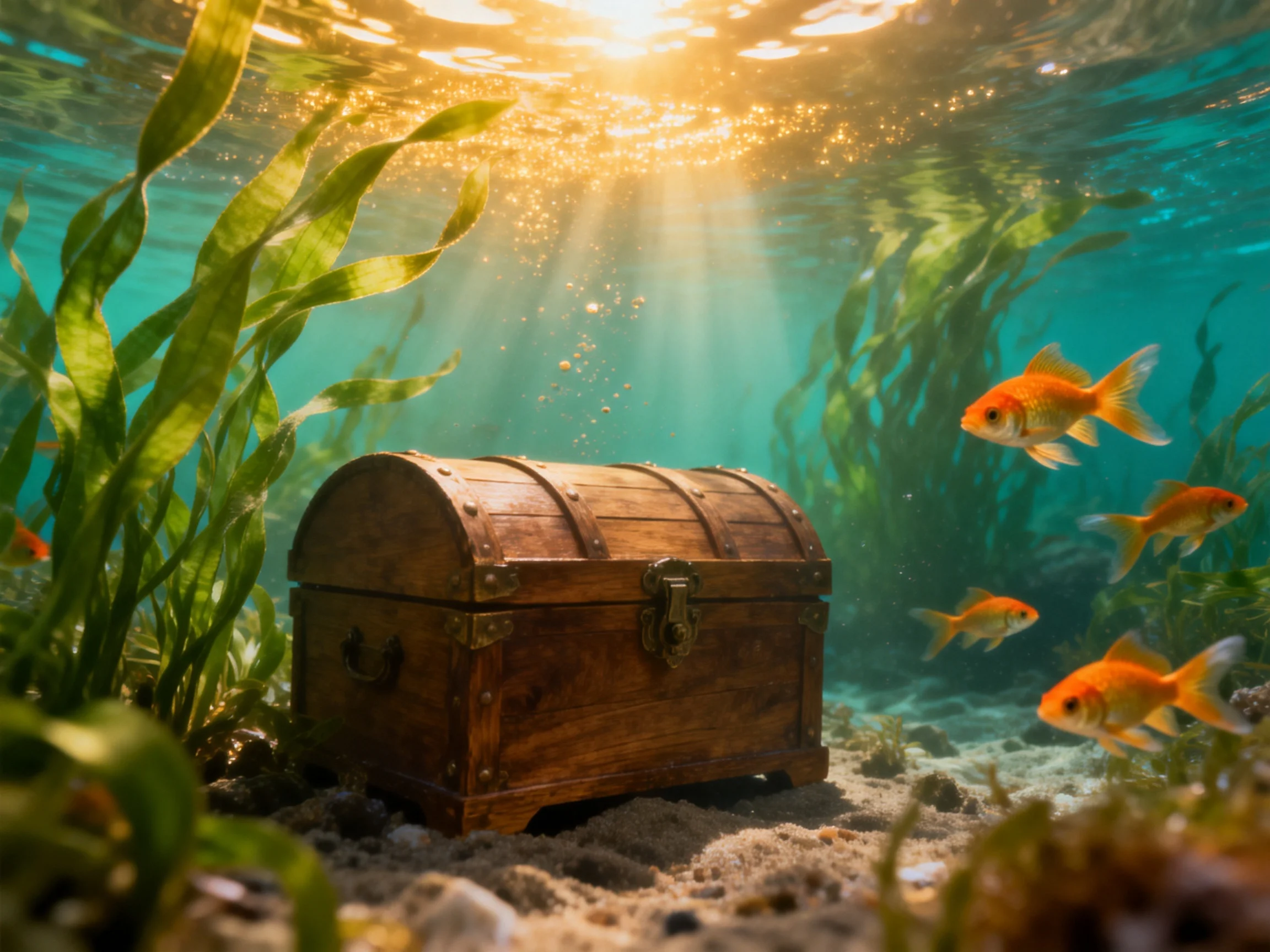 A wooden treasure chest amid orange fish and green seaweed underwater