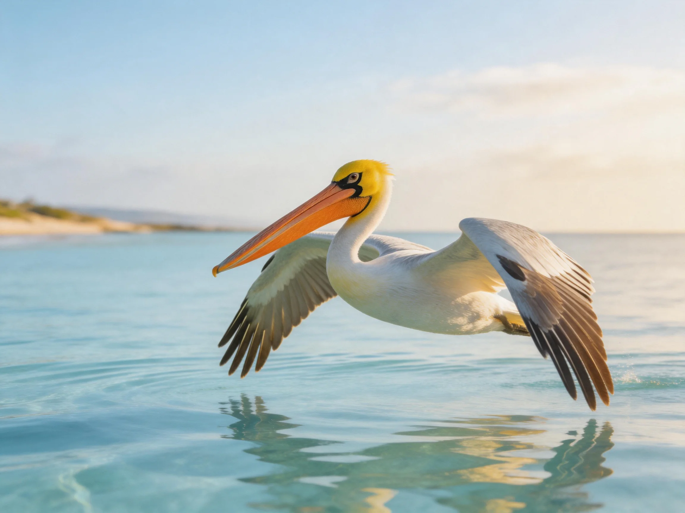 A yellow-headed pelican soars over turquoise waters near a sandy shore.
