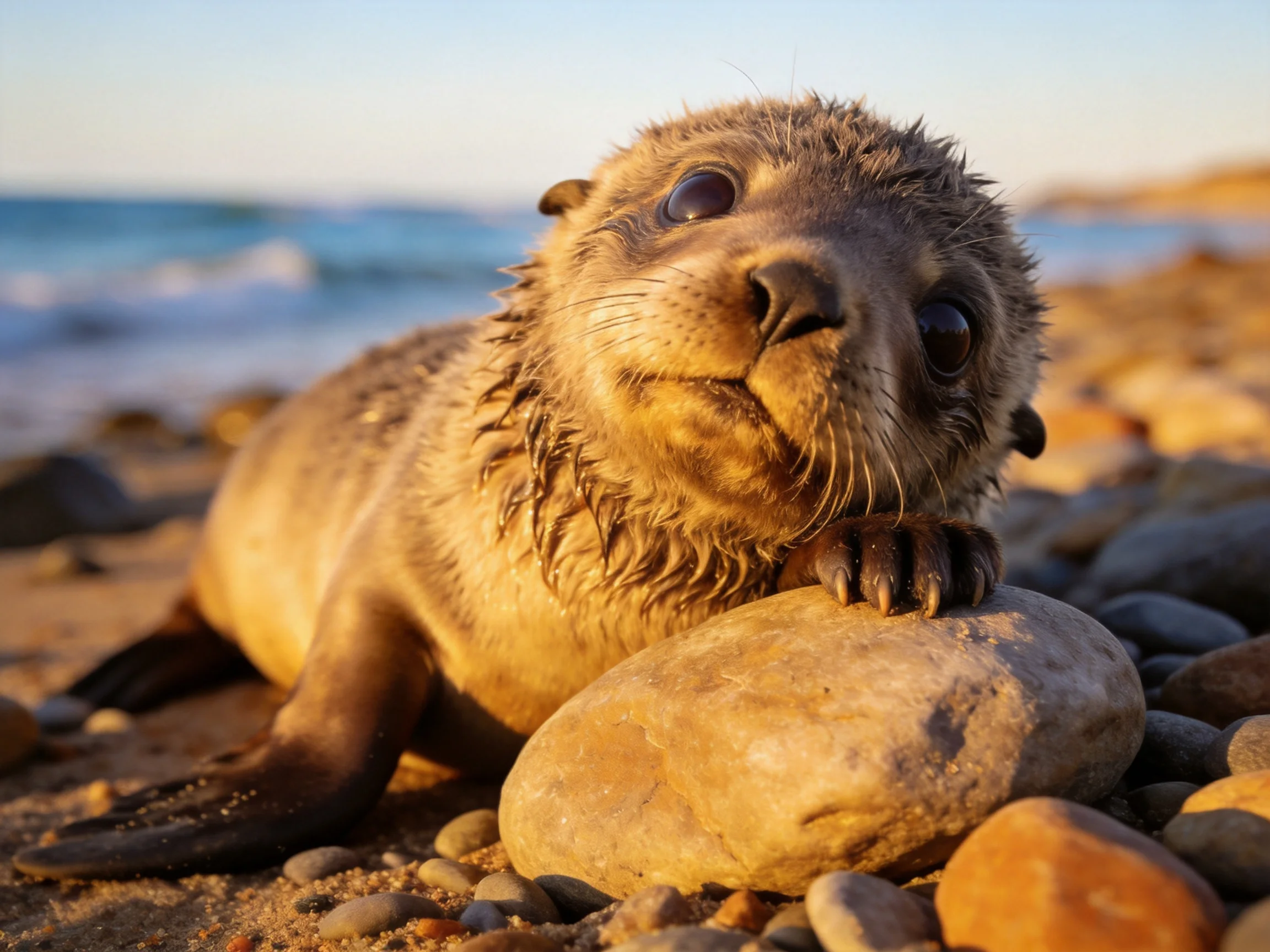 A young sea lion rests on smooth stones by the ocean shore