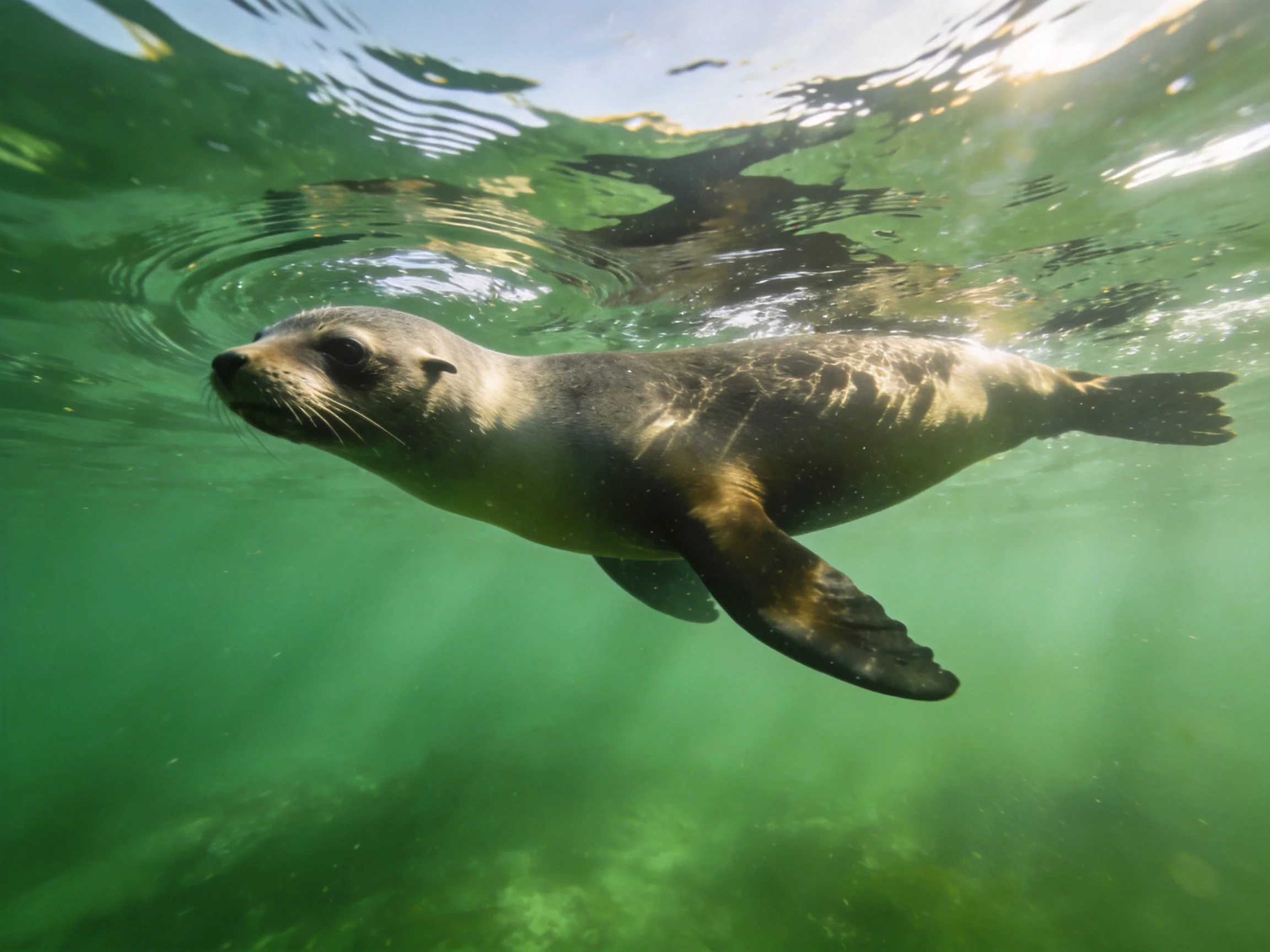 A young sea lion swims gracefully in clear turquoise waters