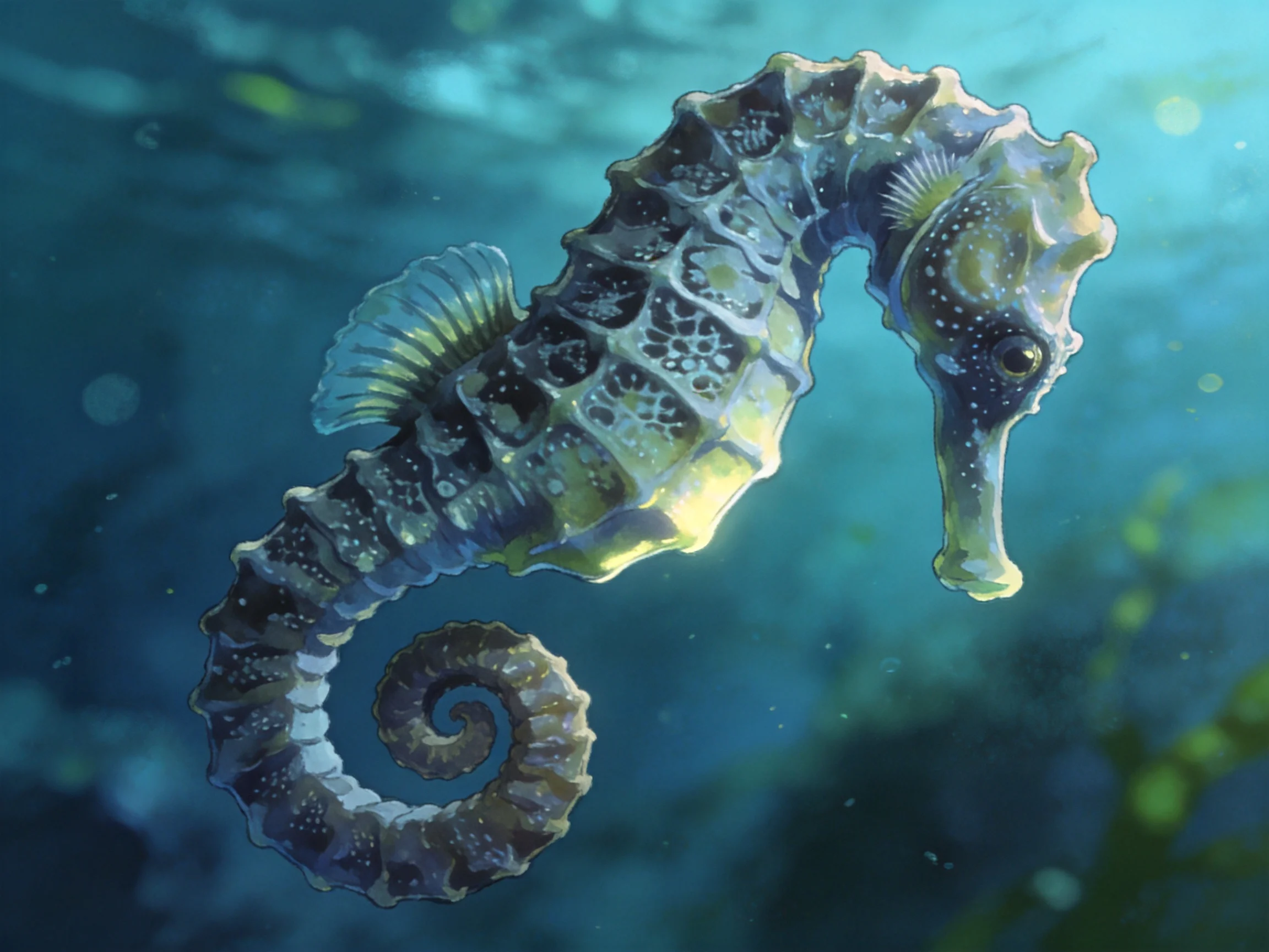 An elaborately patterned seahorse swimming in turquoise underwater environment