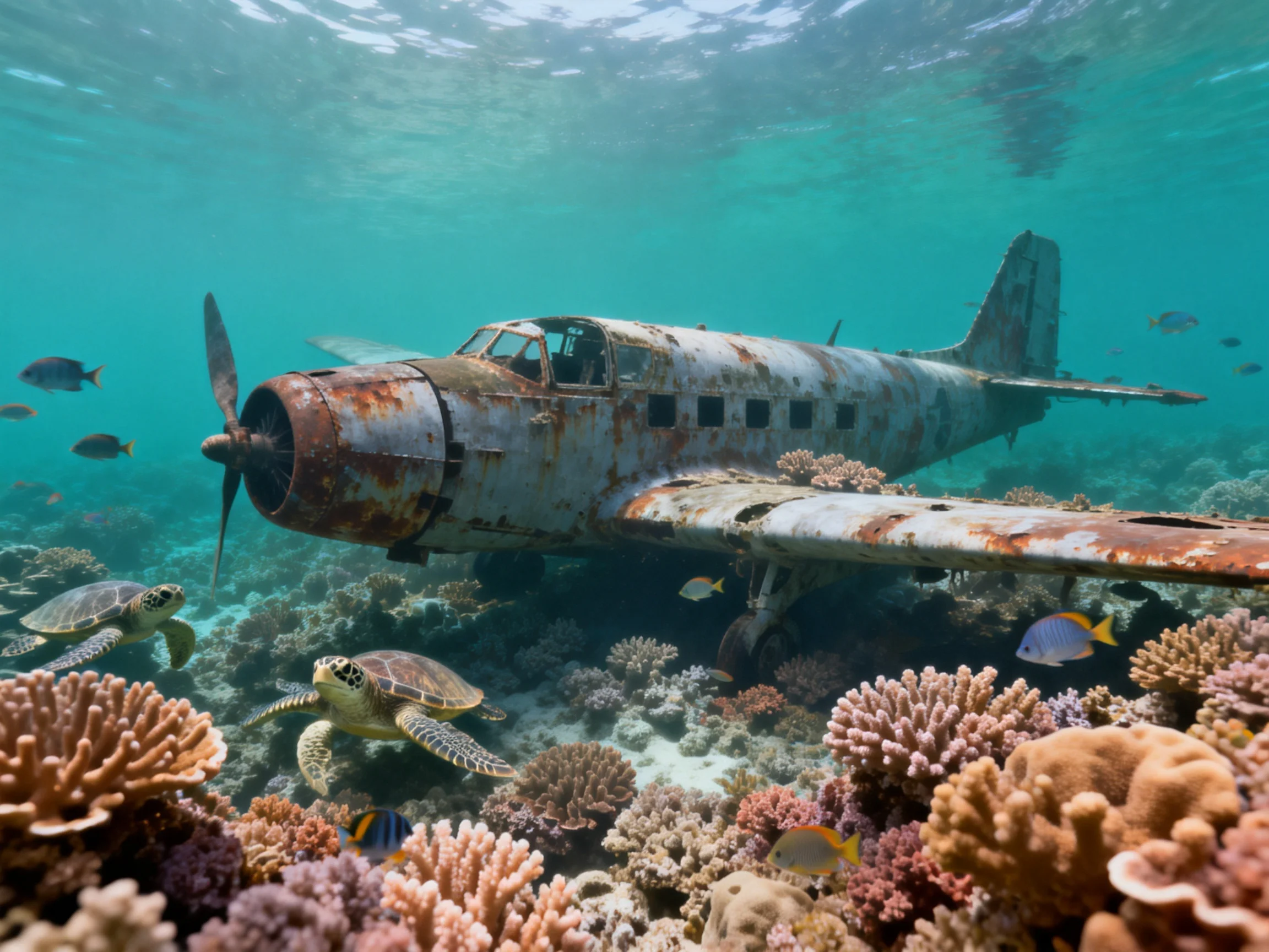 An old rusted airplane rests among colorful coral reefs and sea turtles