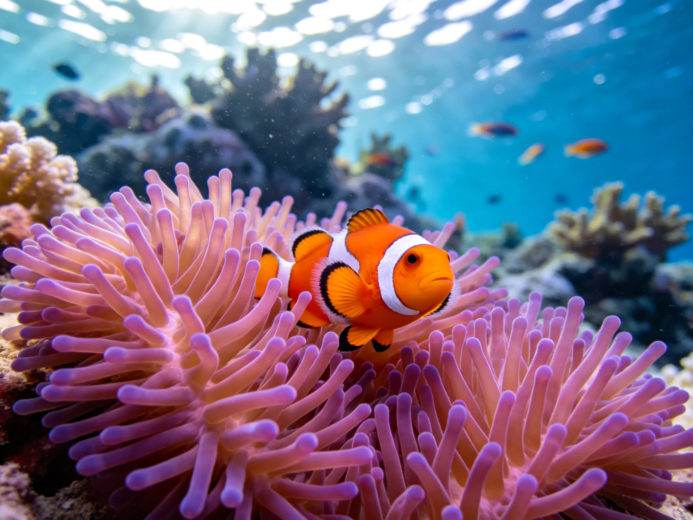 An orange clownfish among pink-purple sea anemones in a coral reef