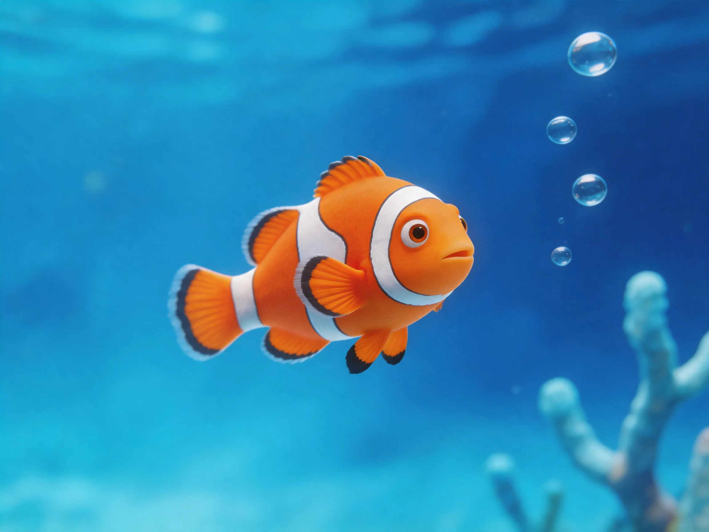 An orange clownfish swims near bubbles in deep blue ocean water