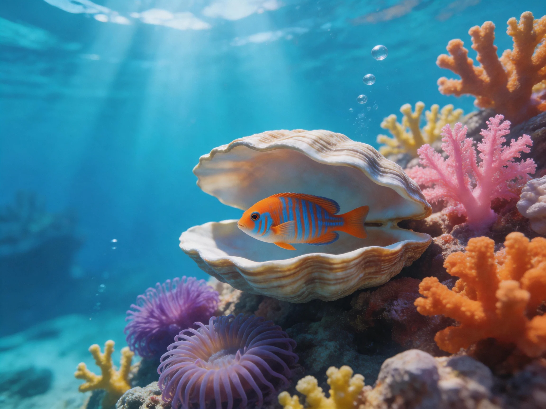 An orange fish rests in a large seashell amid colorful coral formations